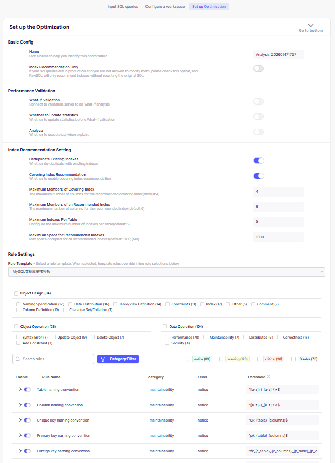 Optimization task configuration: basic, validation, index recommendation, and rule options