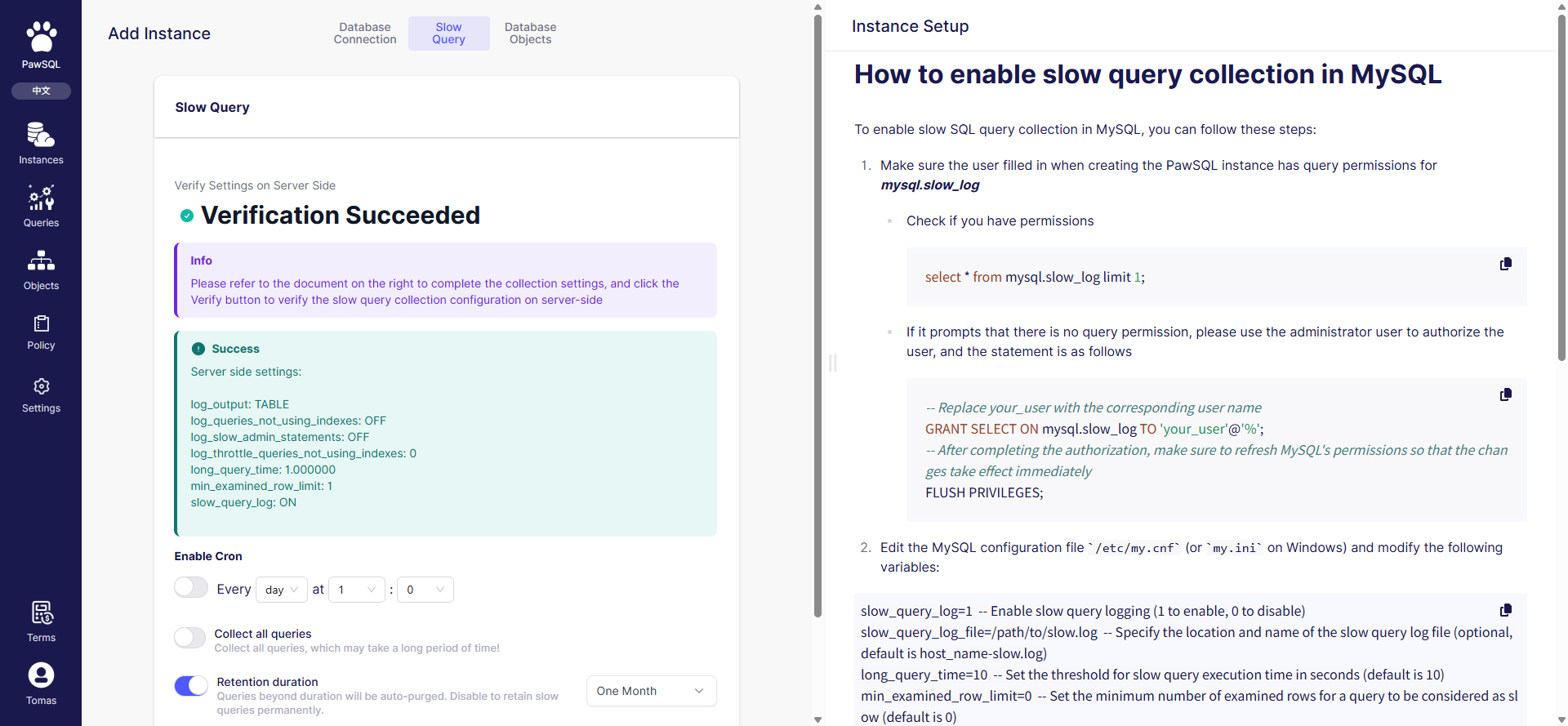 Slow query config verified