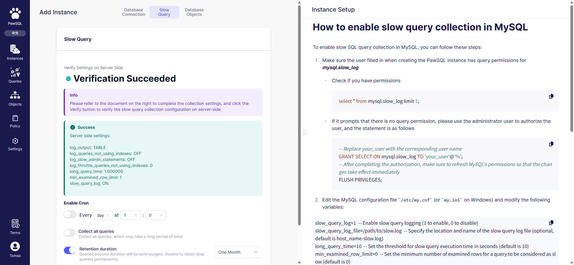 Slow query config verified