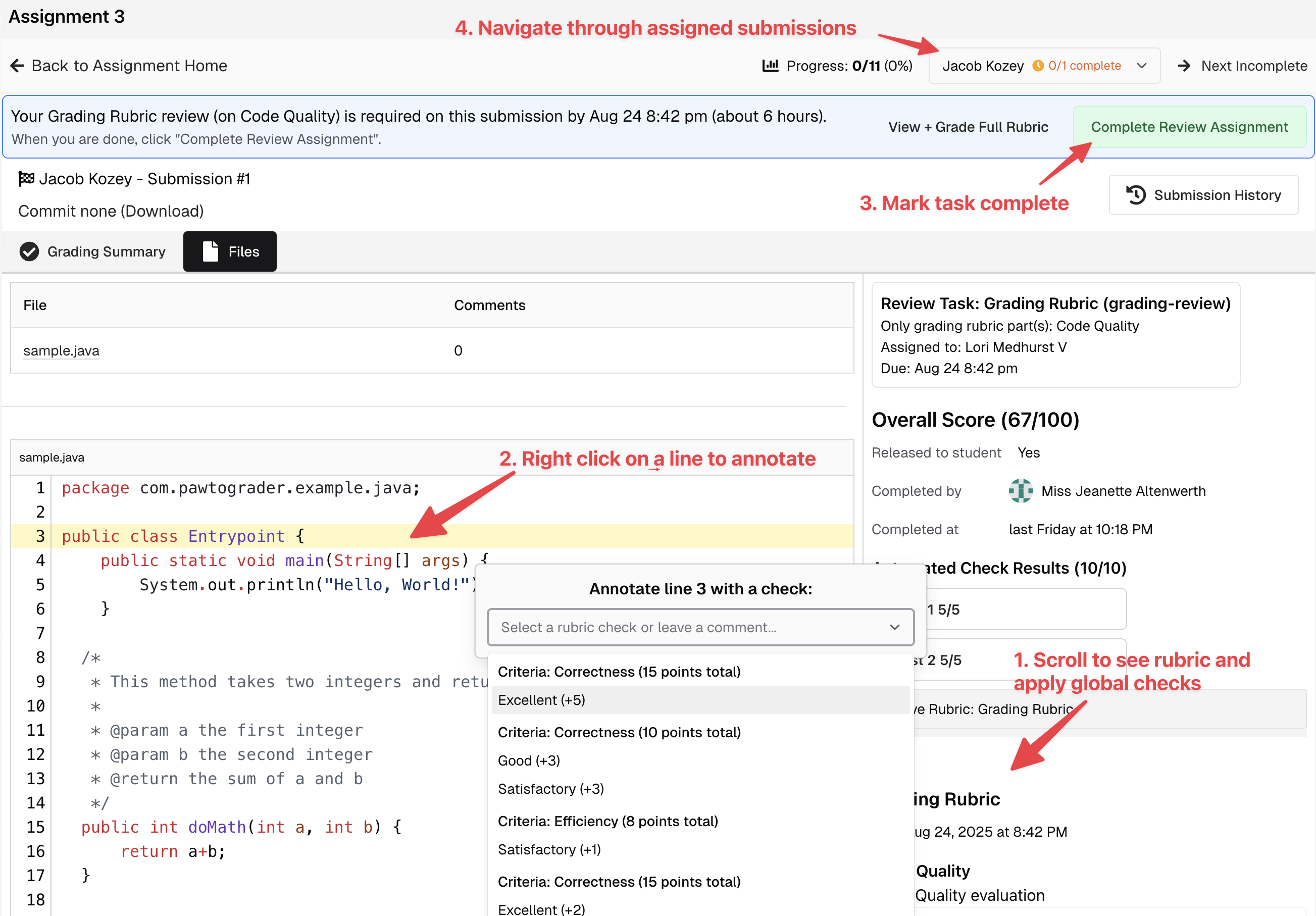 Grading interface with rubric sidebar and code view