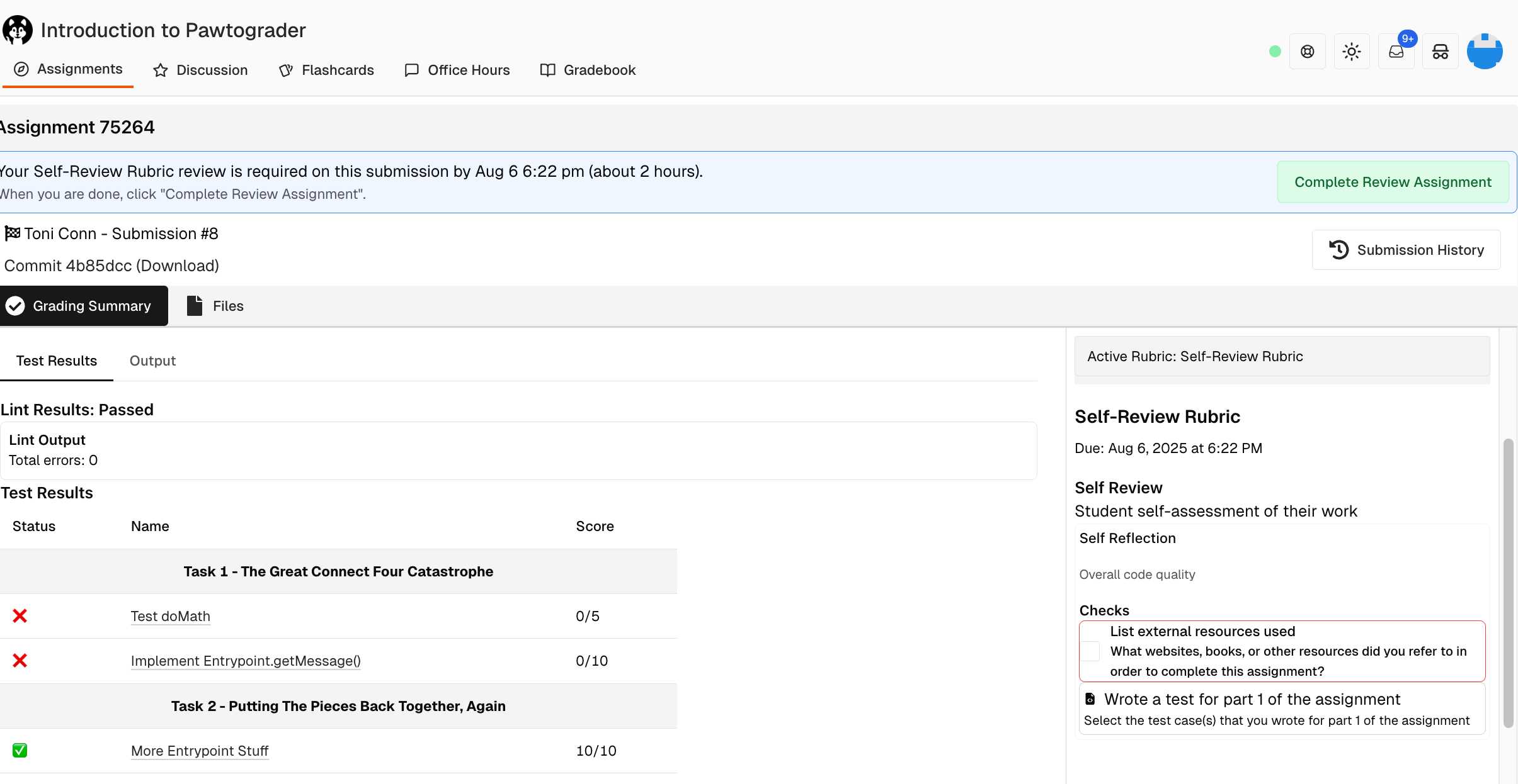 Self-review rubric with required items outlined in red