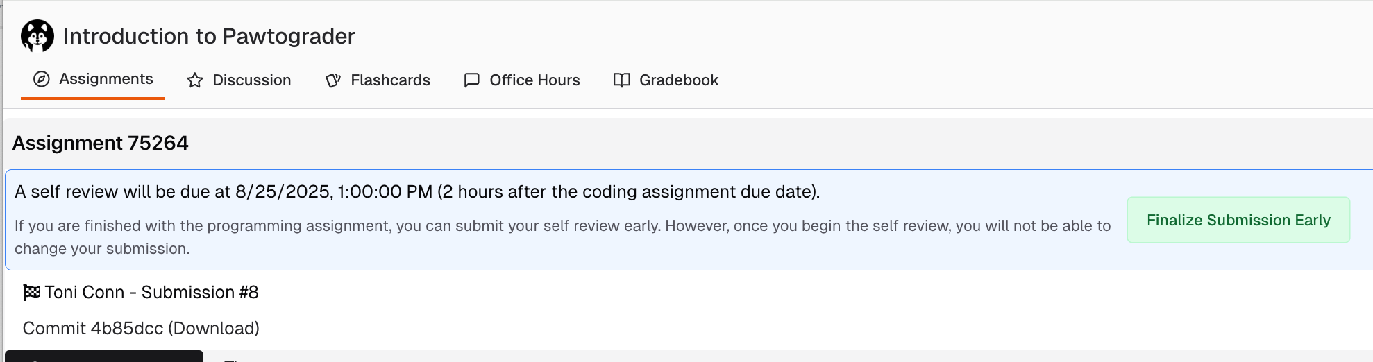 Submission page with self-review due date banner