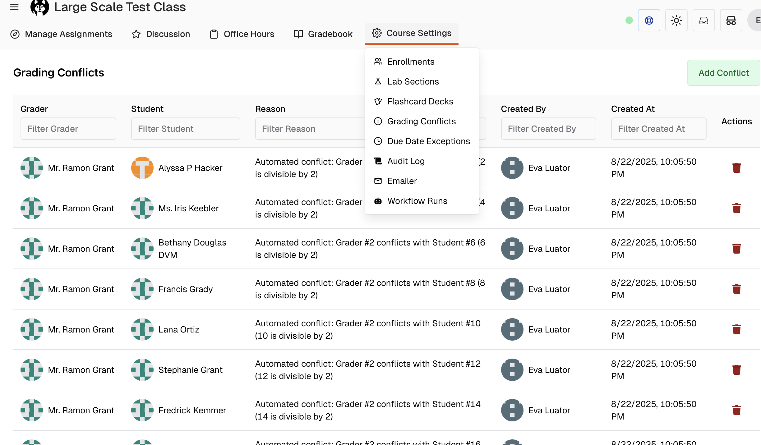 Grading Conflicts Dashboard showing declared conflicts and reasons