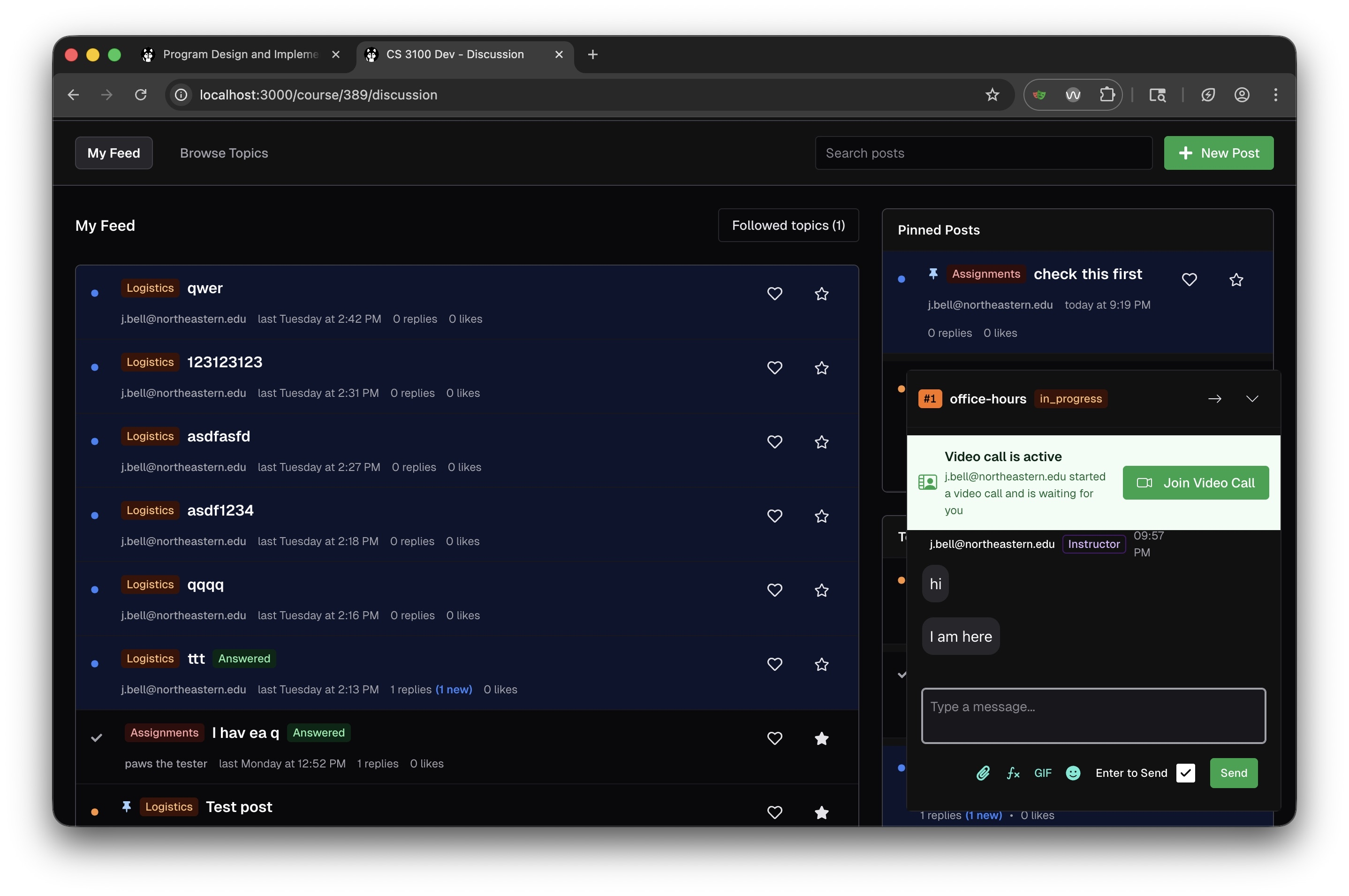 Discussion board showing My Feed with posts, Pinned Posts sidebar, and active help request widget