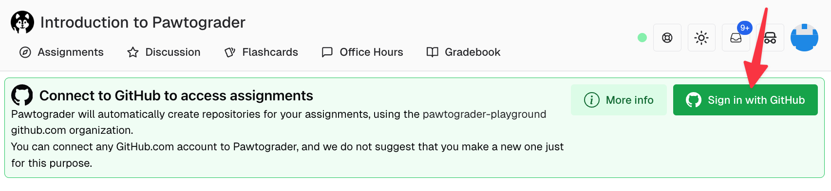 GitHub connection prompt in Pawtograder