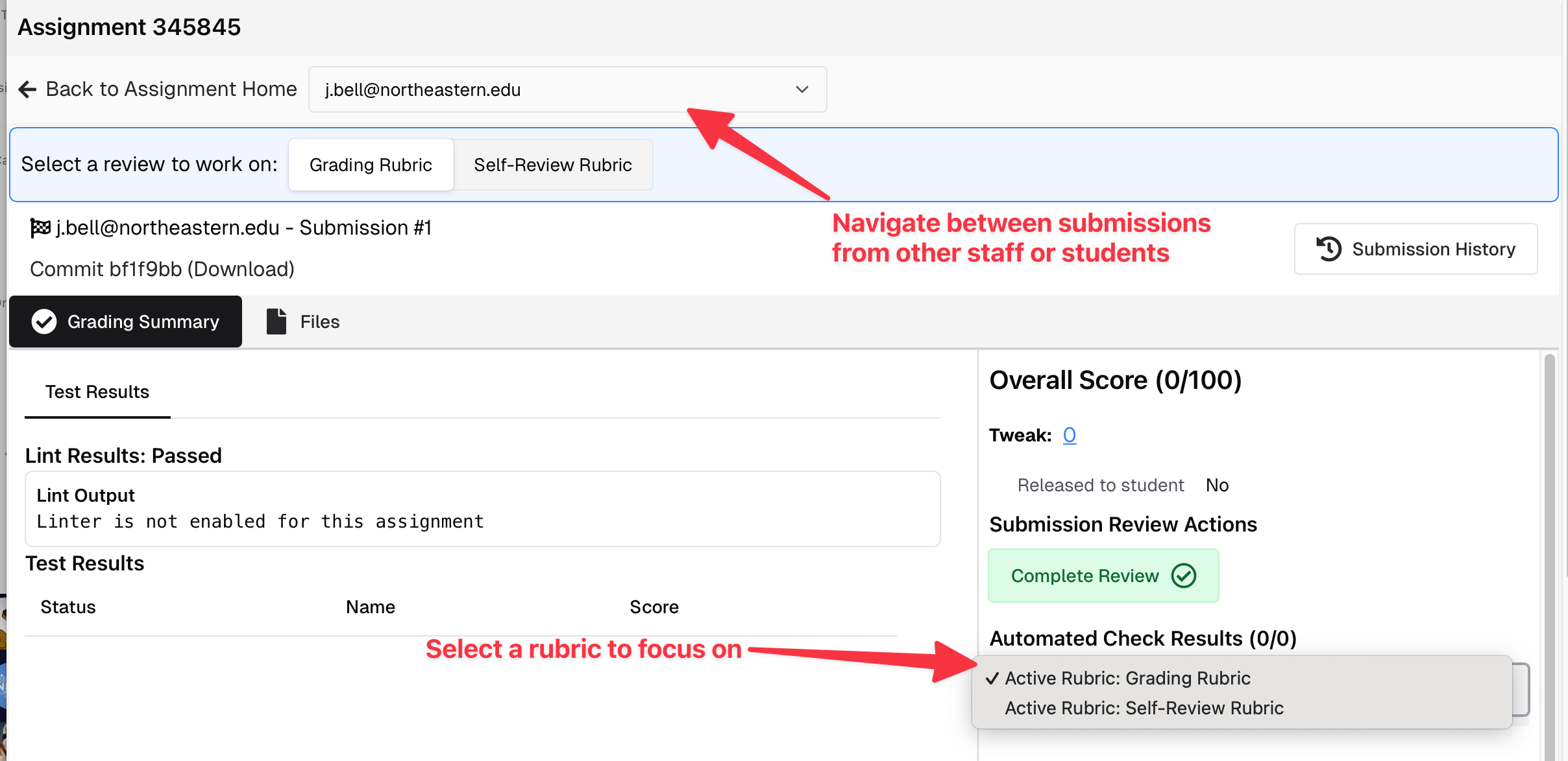 Test submission grading interface with rubric sidebar
