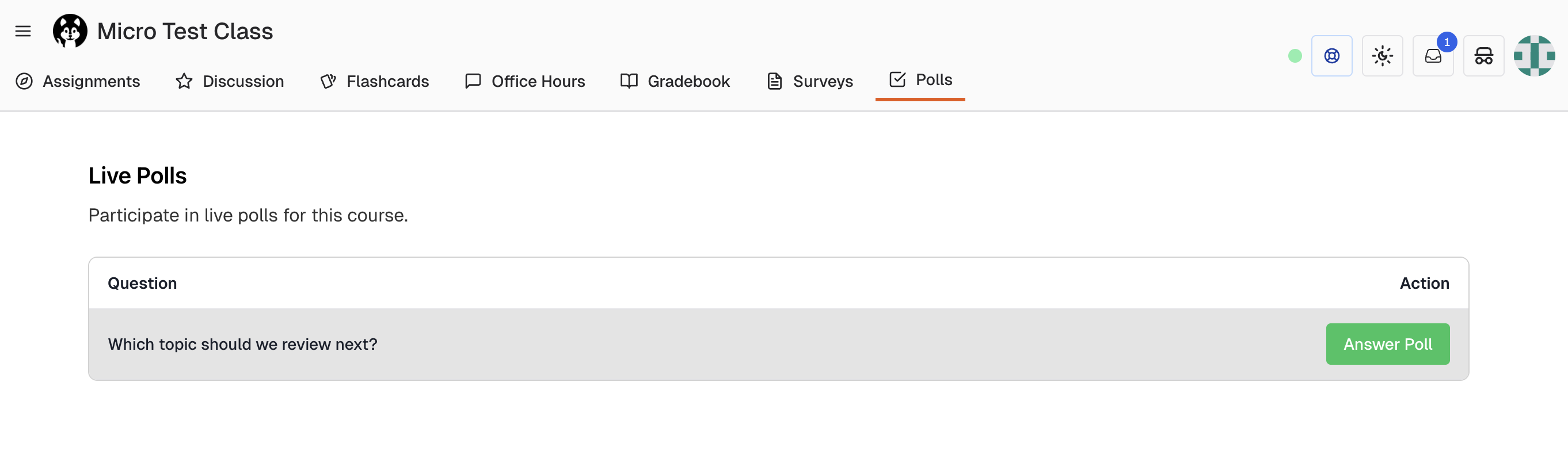 Polls page showing available live polls
