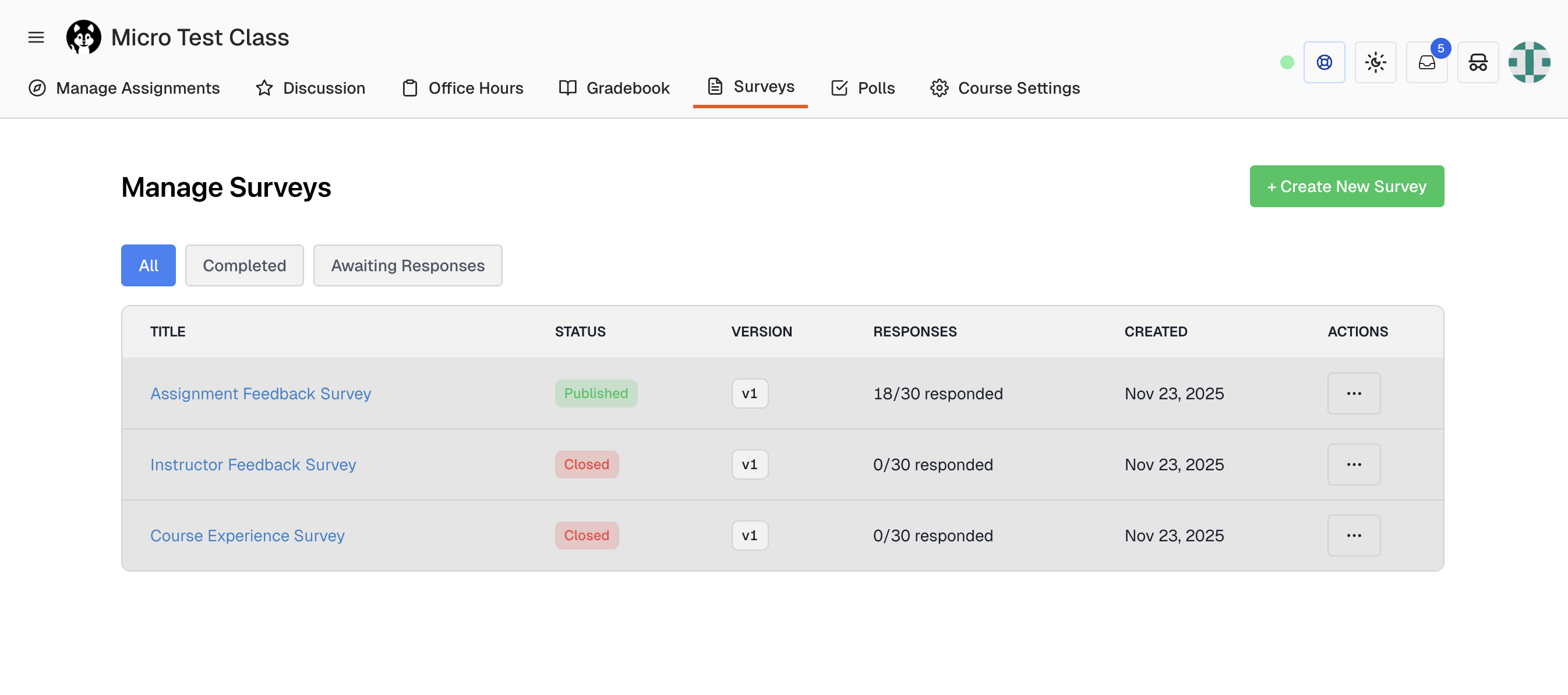 Survey Dashboard showing all surveys with status, response counts, and actions