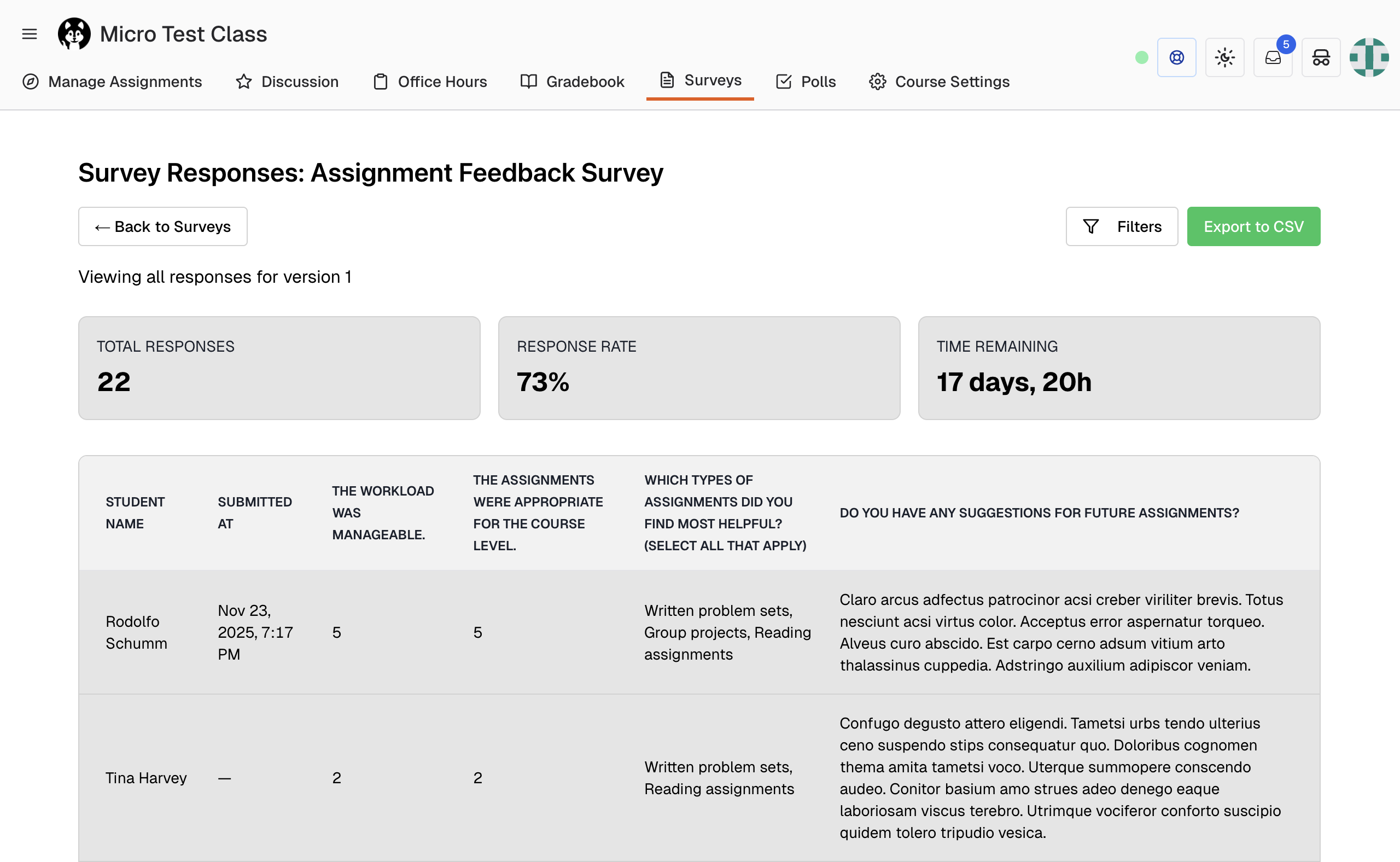 Survey Response Dashboard with metrics and data table