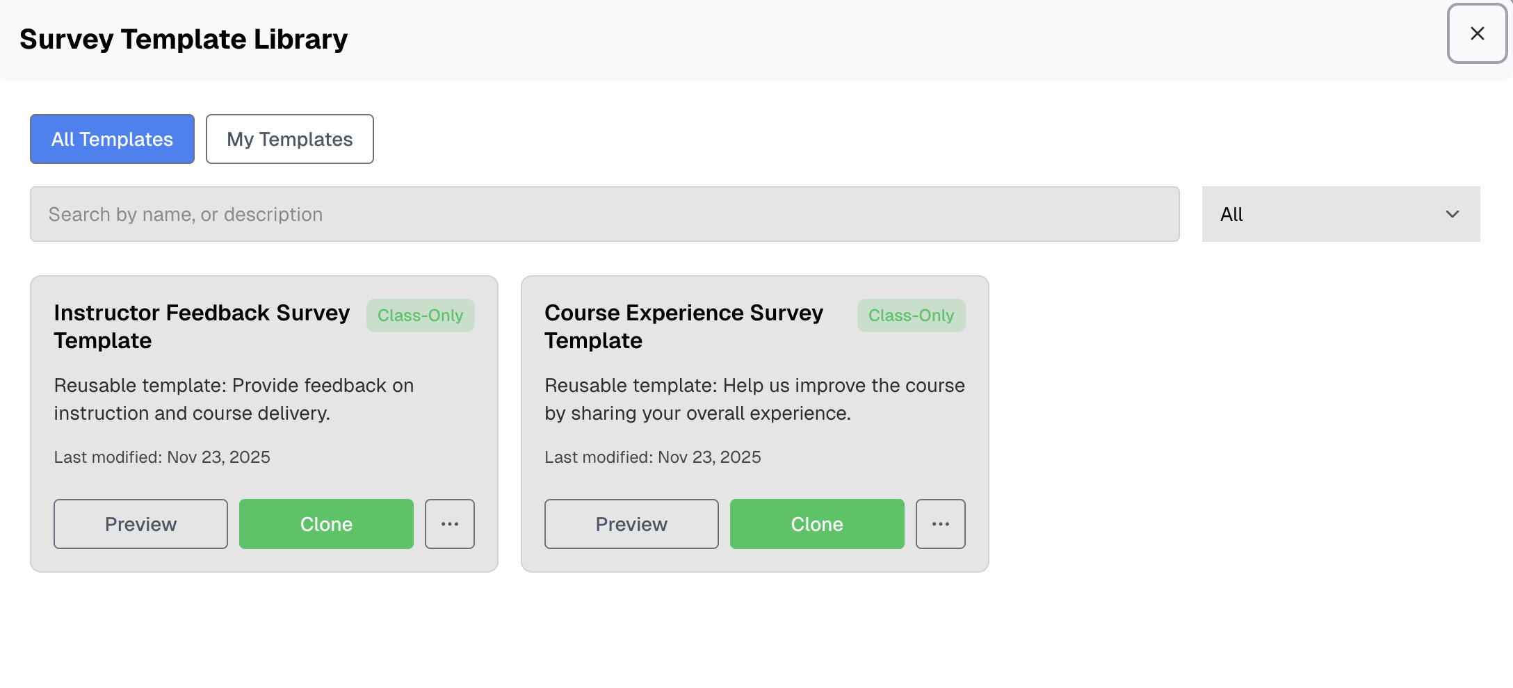 Template Library modal with search and filter options