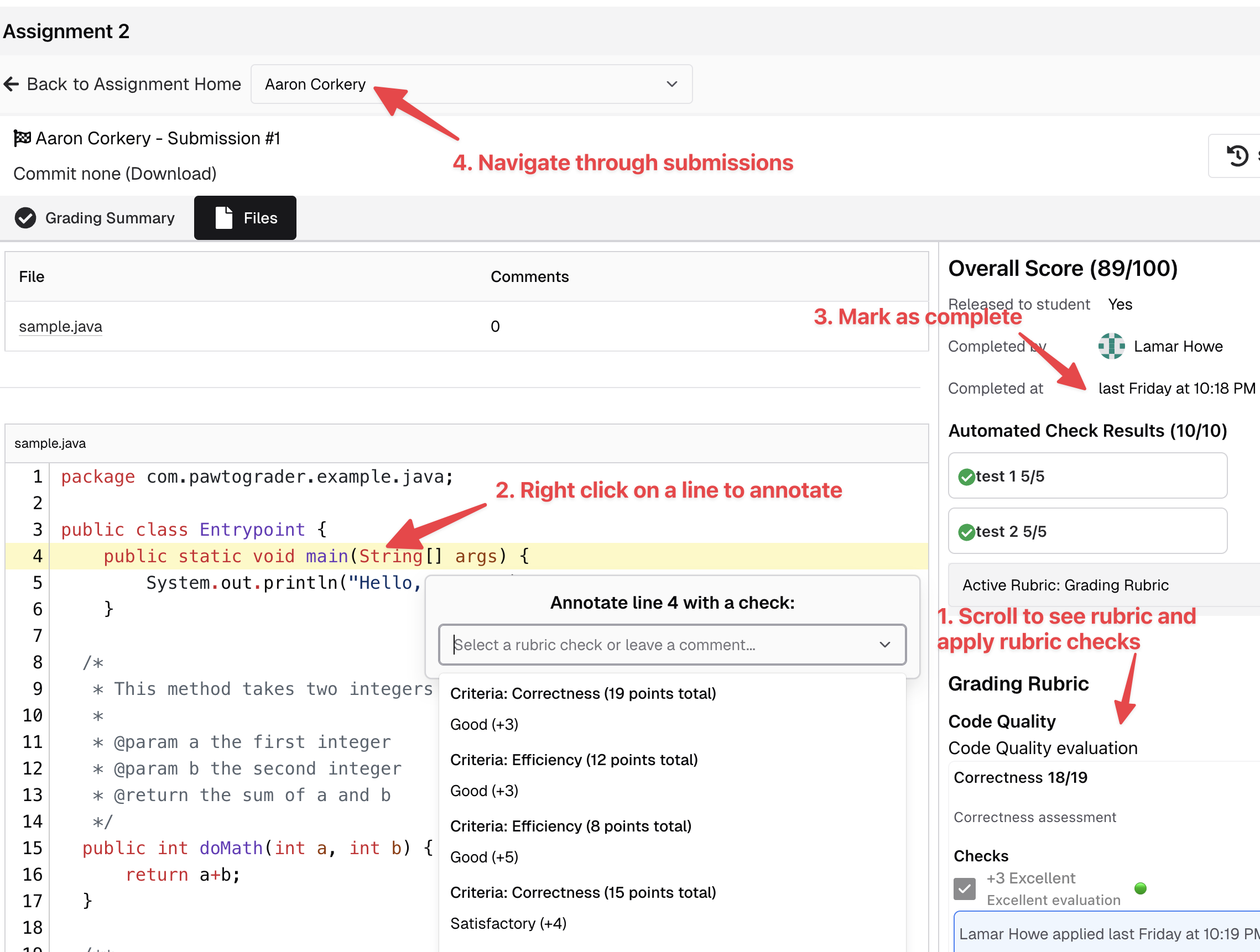Individual submission grading interface