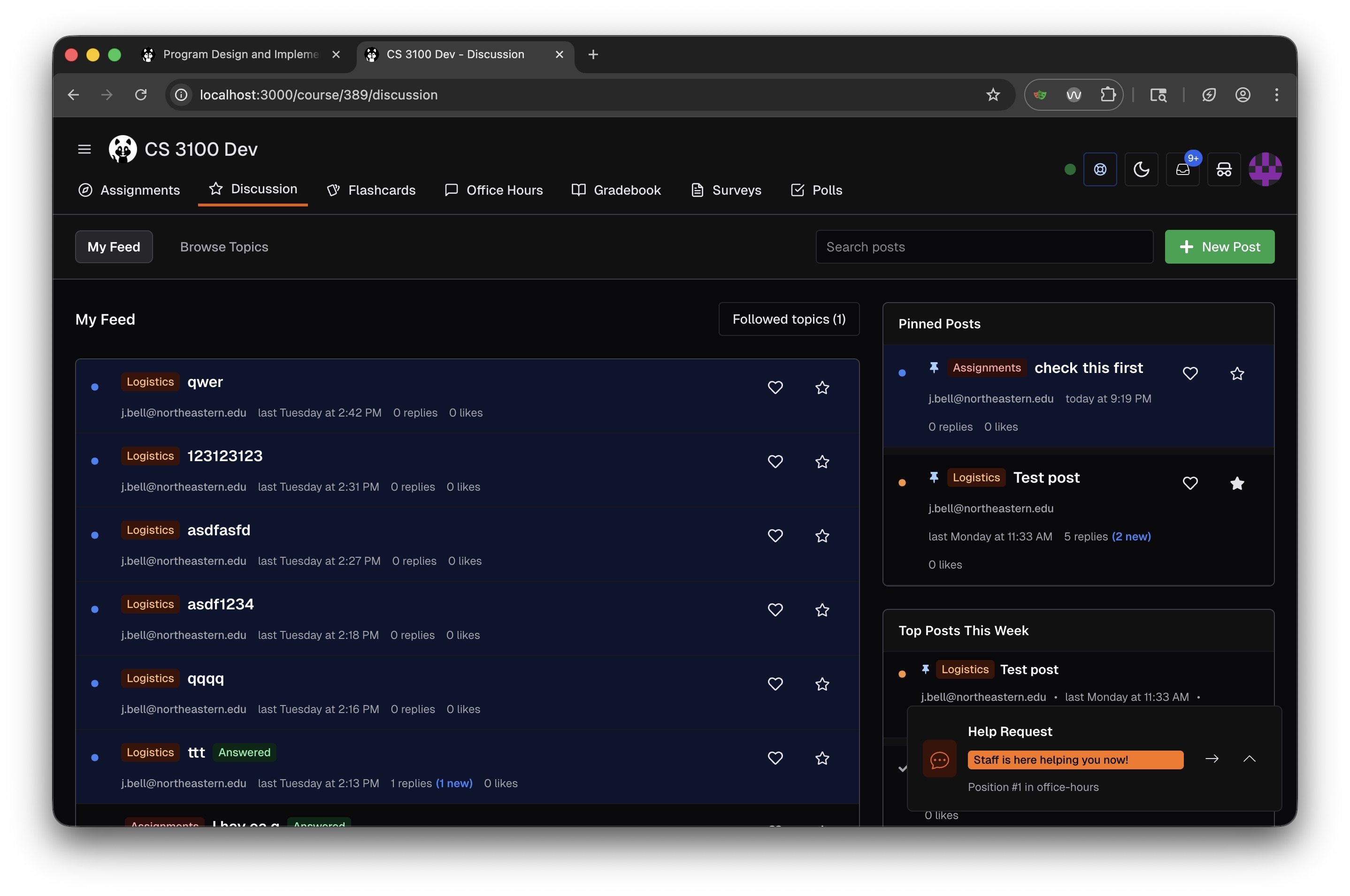 Discussion board with active help request widget showing staff is helping and Top Posts This Week