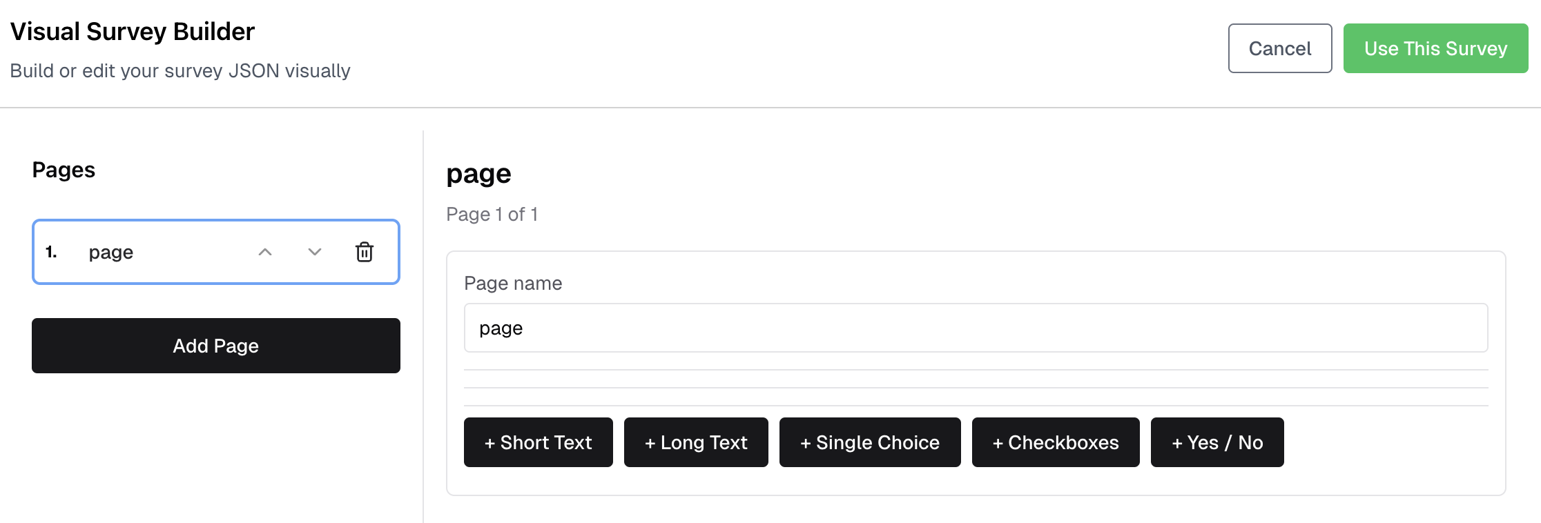 Survey Visual Builder interface for designing questions