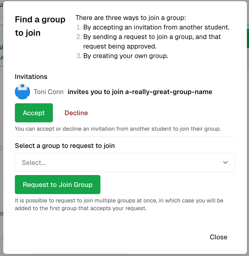 Group invitation and request interface