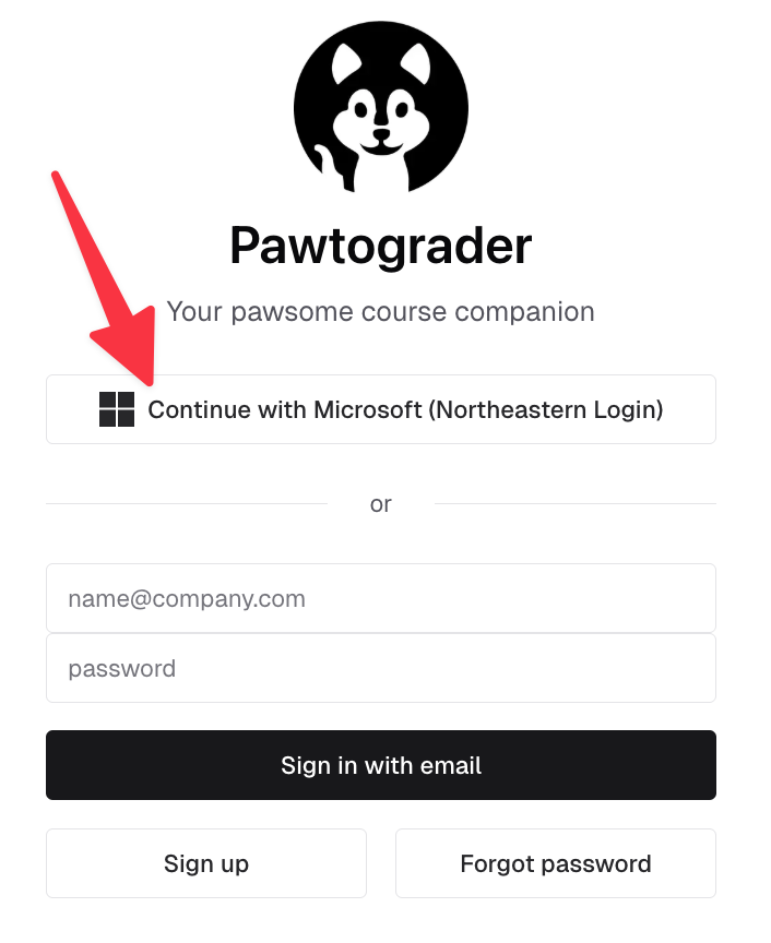 Microsoft login button for Northeastern authentication