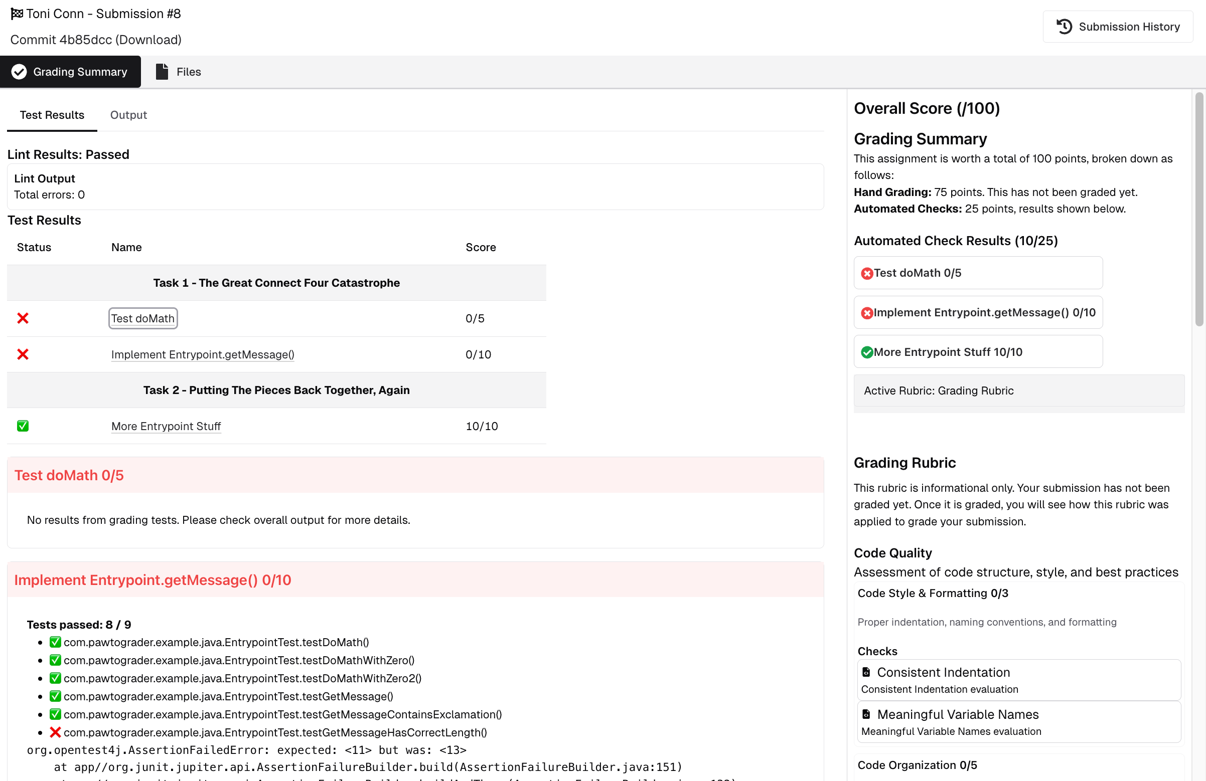 Submission page showing autograder results and grading rubric preview