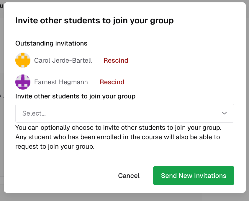 Group management view showing members and pending invitations