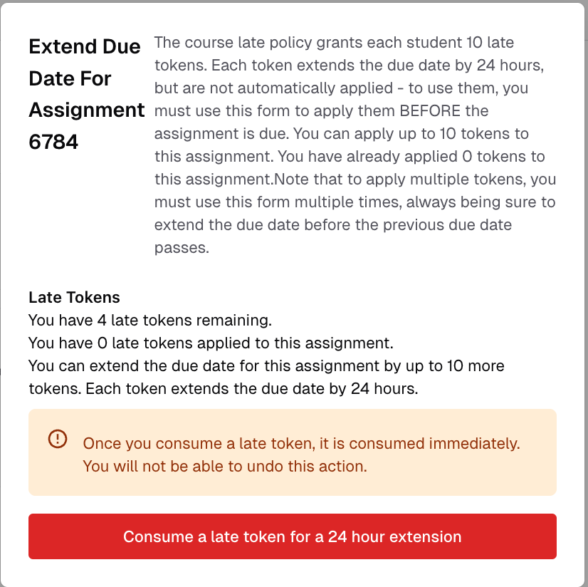 Late token confirmation dialog with course policy