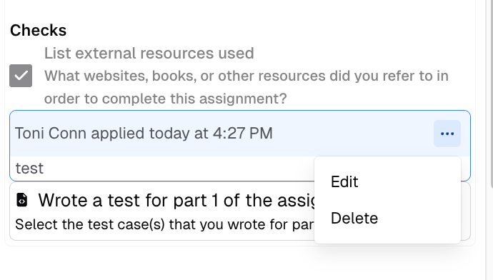 Submission-level check with comment field