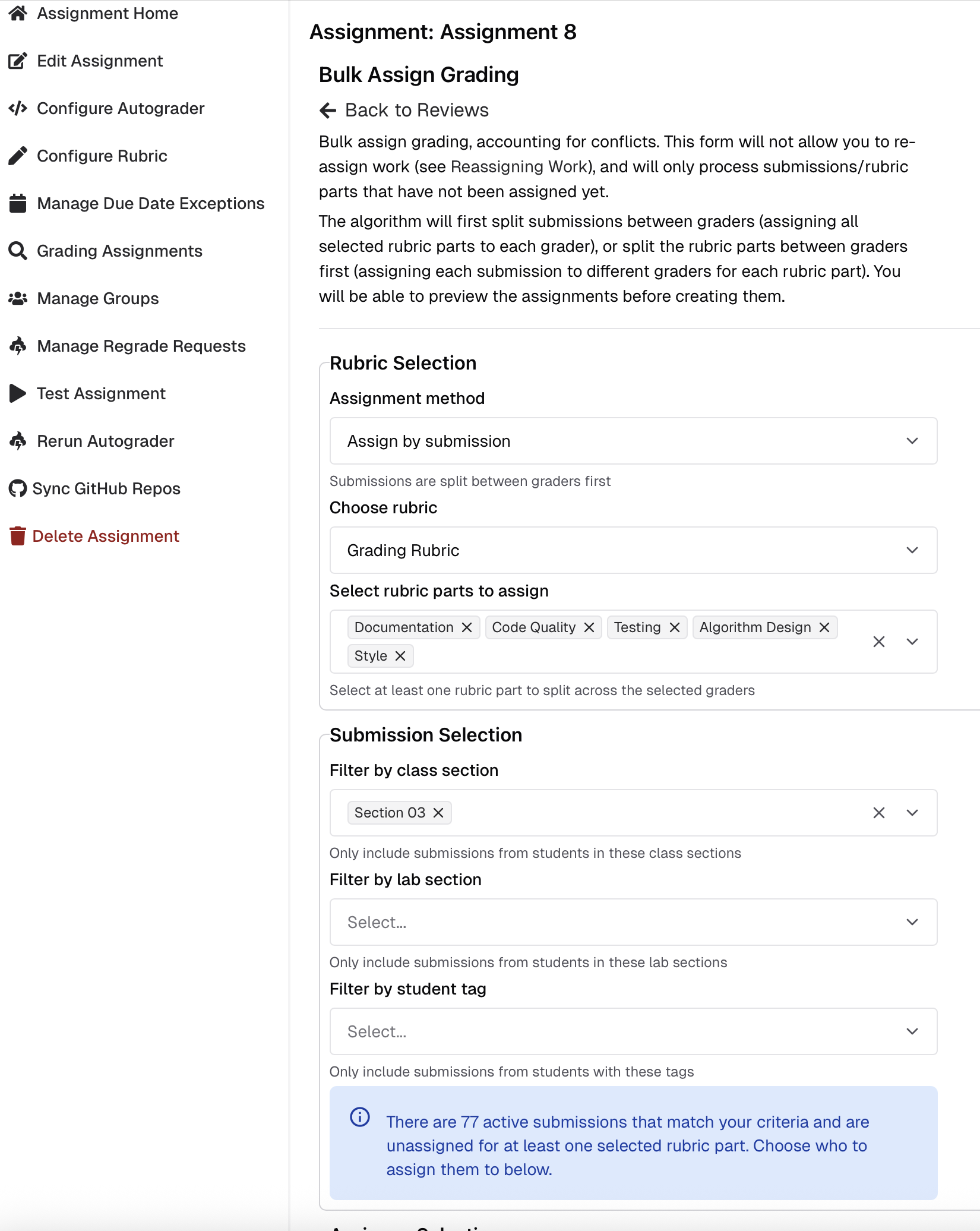 Bulk Assign Grading form with distribution options