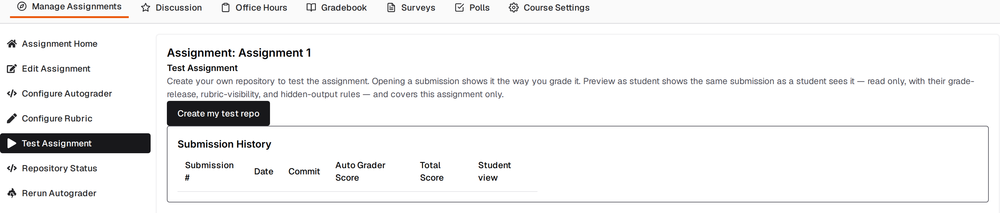 Test Assignment page with Test Assignment selected in the assignment sidebar, the Create my test repo button, and an empty Submission History table
