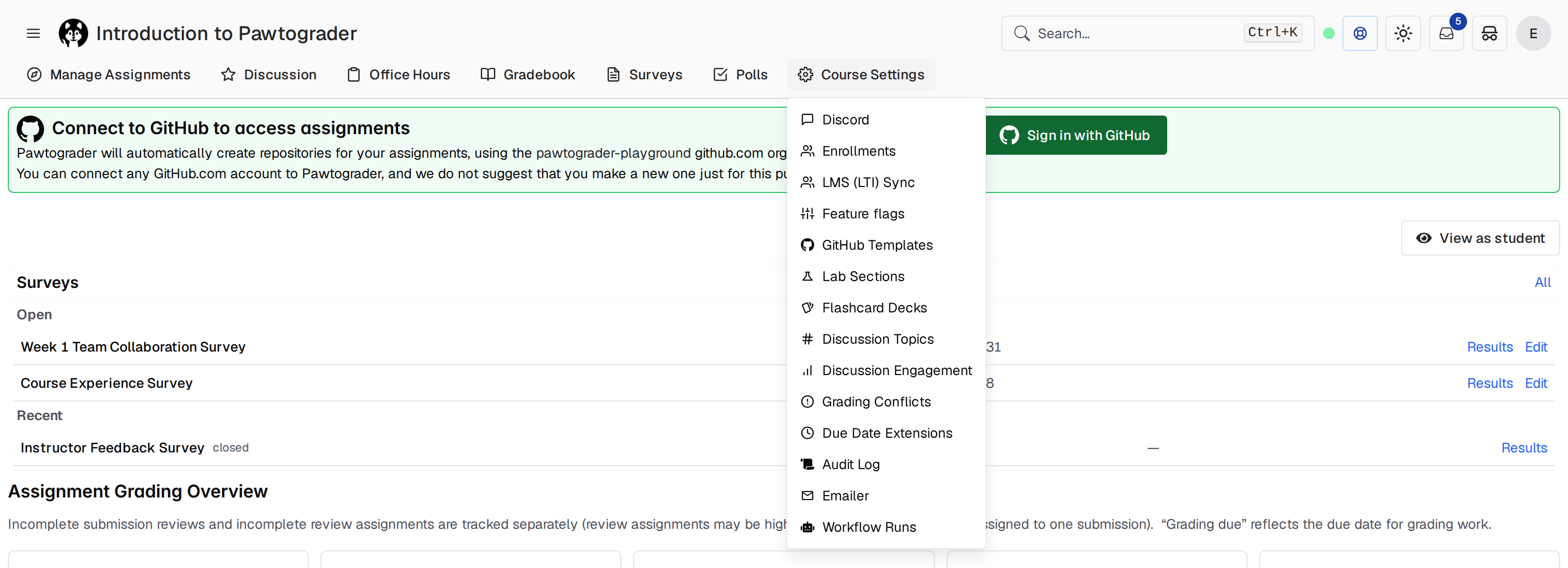 Course navigation with the Course Settings menu open, listing Discord, Enrollments, LMS (LTI) Sync, Feature flags, GitHub Templates, Lab Sections, Flashcard Decks, Discussion Topics, Discussion Engagement, Grading Conflicts, Due Date Extensions, Audit Log, Emailer, and Workflow Runs