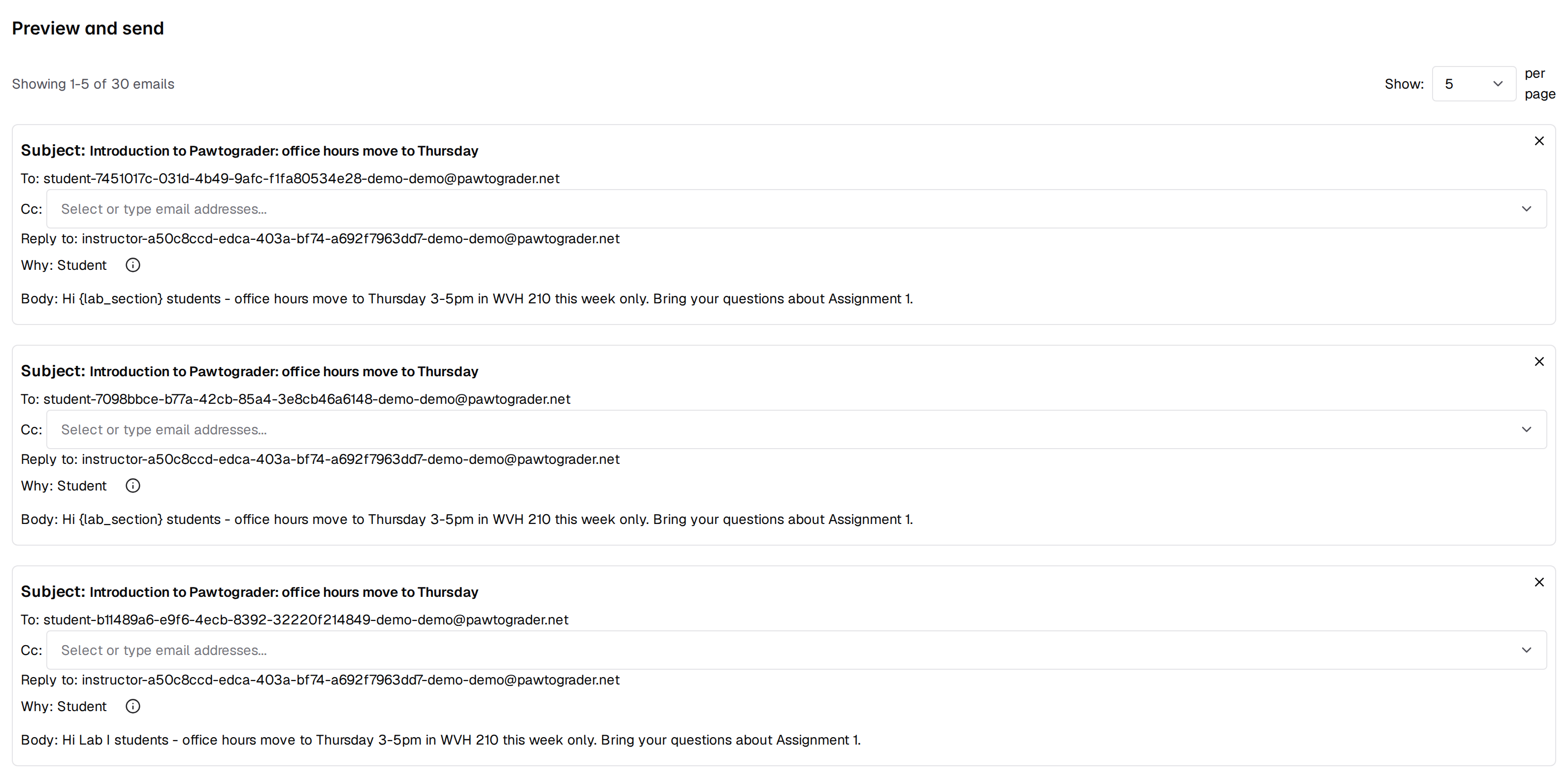 The Preview and send section reading Showing 1-5 of 30 emails, with three draft cards giving each recipient's subject, address, Cc field, Reply to, a Why line reading Student, and body; the course_name variable has expanded to the course's name in every subject, and one card's body shows the lab_section variable expanded to Lab I while the other two still carry it unexpanded