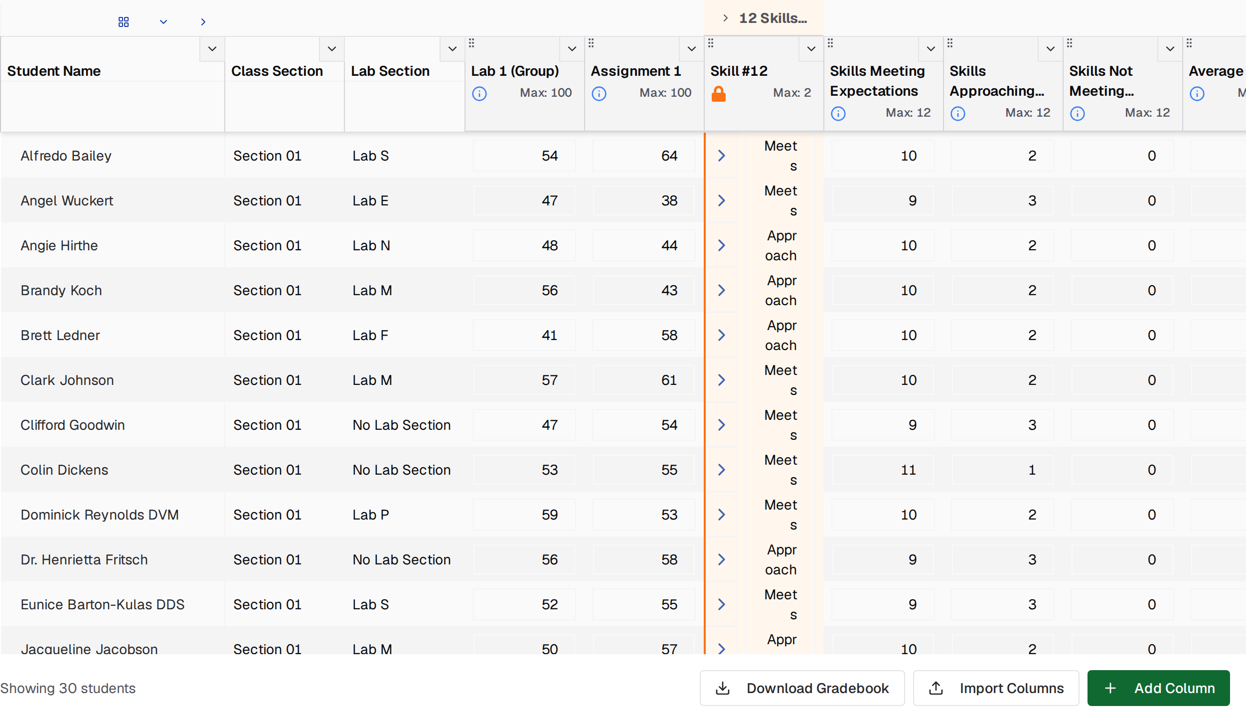 Gradebook grid with one row per student, Class Section and Lab Section columns, two assignment columns showing Max 100, a Skill #12 column marked with a lock icon, calculated skills columns, and a footer with Download Gradebook, Import Columns, and Add Column