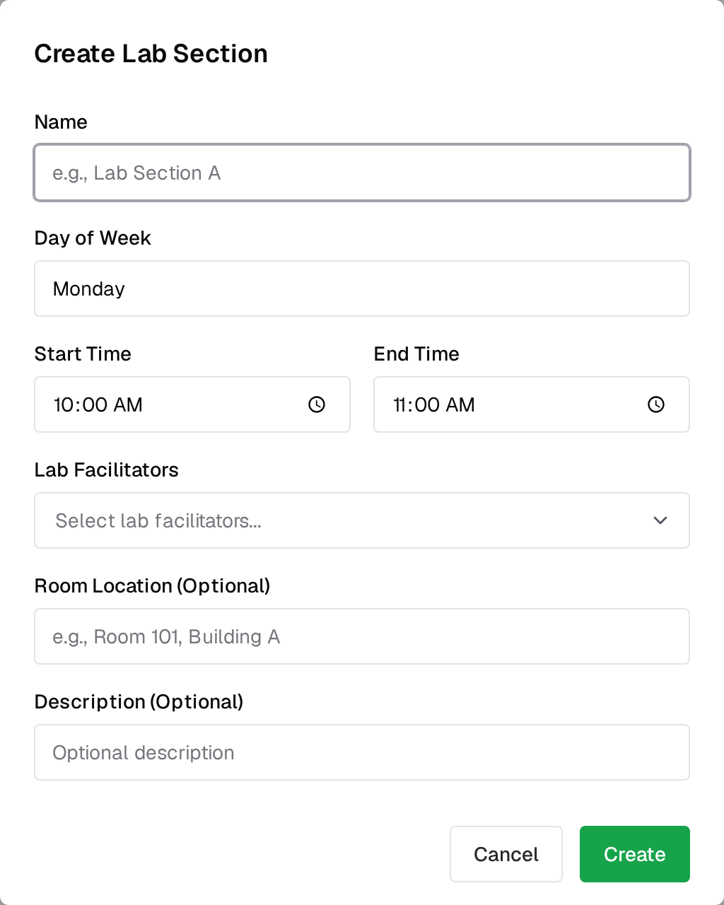 The Create Lab Section dialog with fields for Name, Day of Week, Start Time, End Time, Lab Facilitators, Room Location and Description, and Cancel and Create buttons