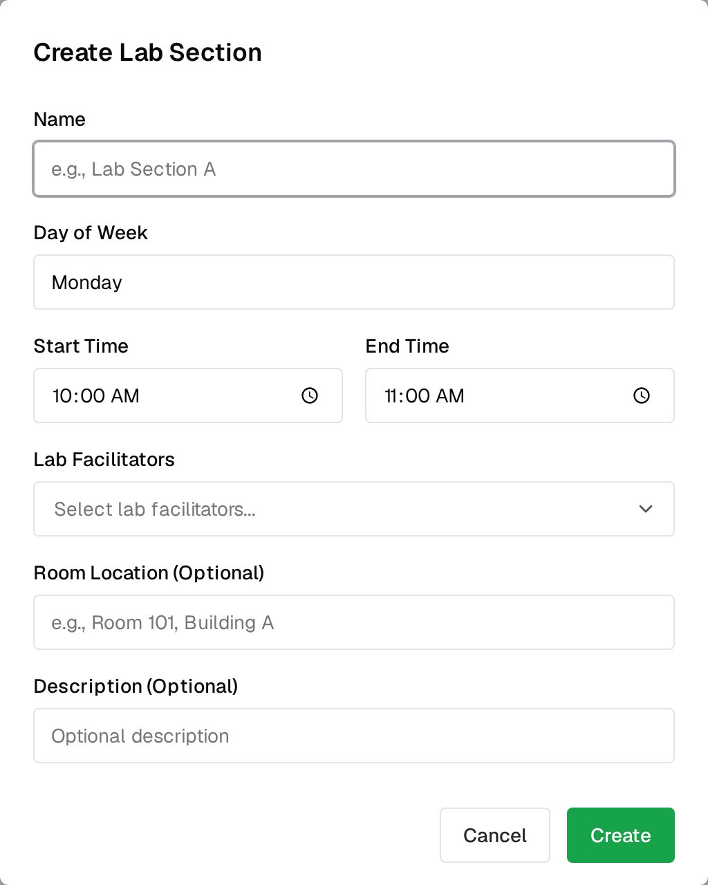 The Create Lab Section dialog with fields for Name, Day of Week, Start Time, End Time, Lab Facilitators, Room Location and Description, and Cancel and Create buttons