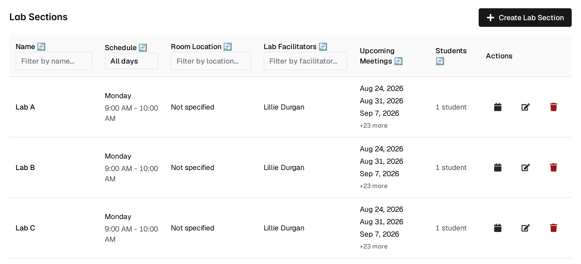 The lab section editor, also headed Lab Sections but with a Create Lab Section button and a table of sections showing Name, Schedule, Room Location, Lab Facilitators, Upcoming Meetings, Students and Actions, with a filter under most headers