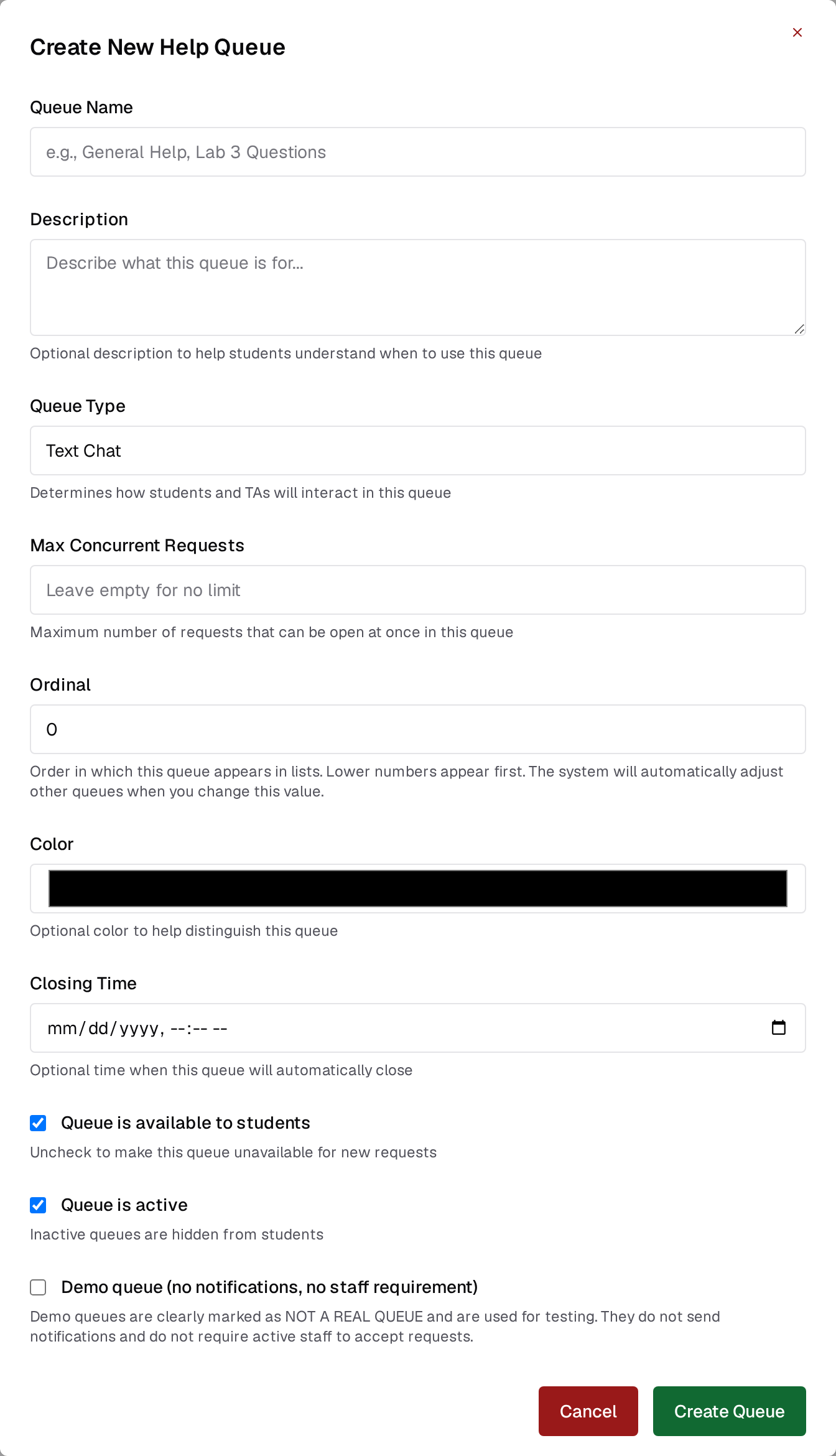 Create New Help Queue dialog with fields for Queue Name, Description, Queue Type, Max Concurrent Requests, Ordinal, Color, and Closing Time, plus checkboxes for available, active, and demo queue