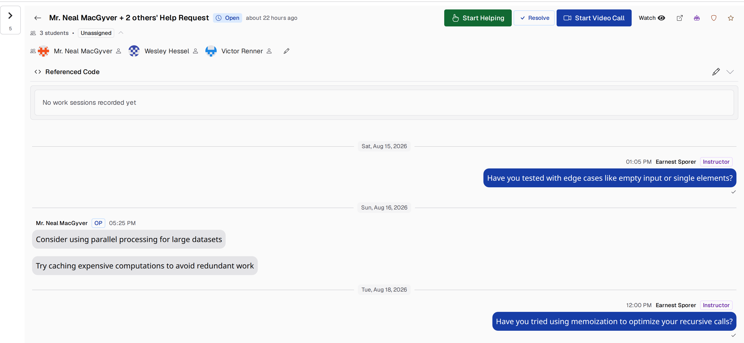 A staff view of an open, unassigned help request for three students: Start Helping, Resolve, Start Video Call and Watch in the header, the expanded student list, the Referenced Code panel and a work session panel reading no work sessions recorded yet, and the chat with two instructor messages and one student message badged OP