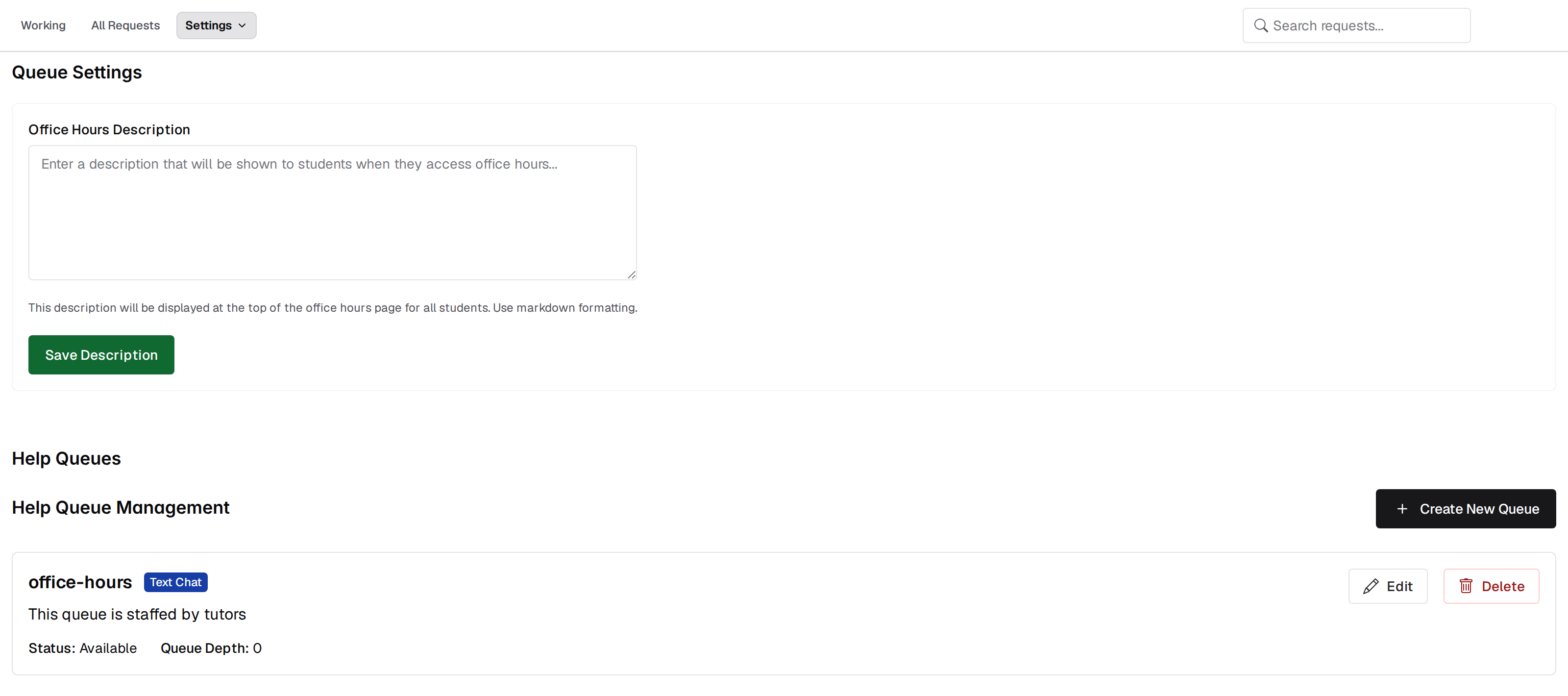Queue Management page showing the Office Hours Description field with its Save Description button, and Help Queue Management with a Create New Queue button and one queue card with Edit and Delete