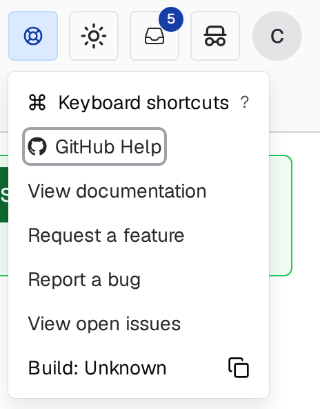 The Support & Documentation menu open under its life-ring button in the course header, listing Keyboard shortcuts with a question-mark hint, GitHub Help with the GitHub logo, View documentation, Request a feature, Report a bug, View open issues, and a Build entry with a copy-to-clipboard icon