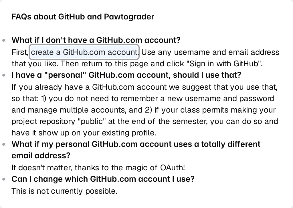 More info popover titled FAQs about GitHub and Pawtograder, answering what to do without a GitHub.com account, whether to use a personal account, what happens if that account uses a different email address, and whether the linked account can be changed