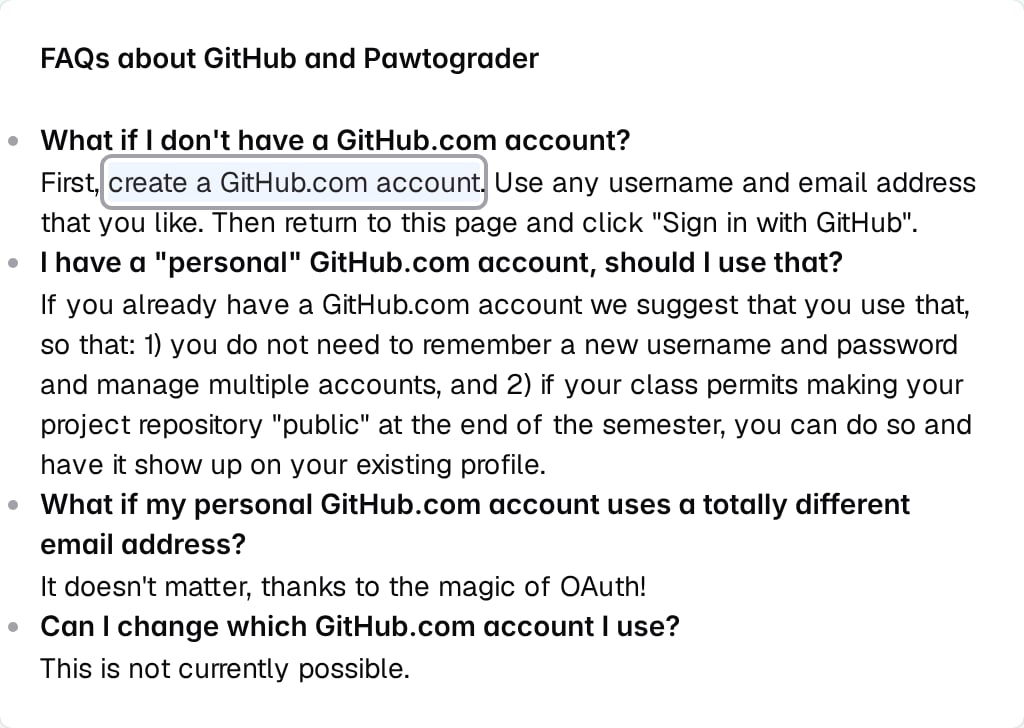 More info popover titled FAQs about GitHub and Pawtograder, answering what to do without a GitHub.com account, whether to use a personal account, what happens if that account uses a different email address, and whether the linked account can be changed