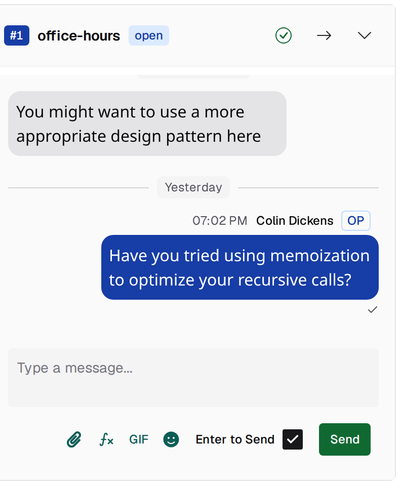 Expanded active help request widget floating over a course page: a header row with the request number, the office-hours queue name, an open status badge and buttons to resolve the request, open it in full and minimize the widget, above the chat transcript and a Type a message composer with a Send button