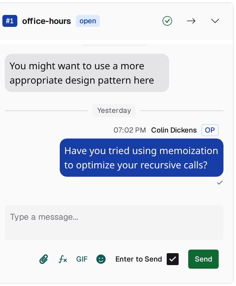 Expanded active help request widget floating over a course page: a header row with the request number, the office-hours queue name, an open status badge and buttons to resolve the request, open it in full and minimize the widget, above the chat transcript and a Type a message composer with a Send button
