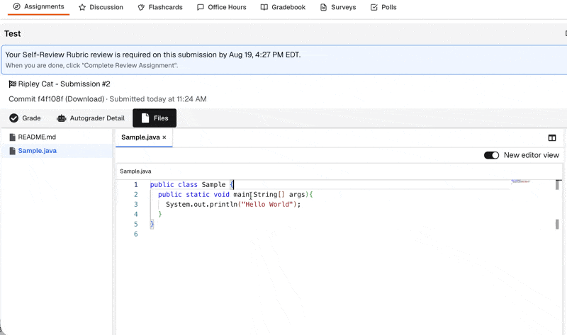 Applying a rubric check from the right-click menu in the new editor view, from the criteria submenu through the comment dialog to the finished annotation