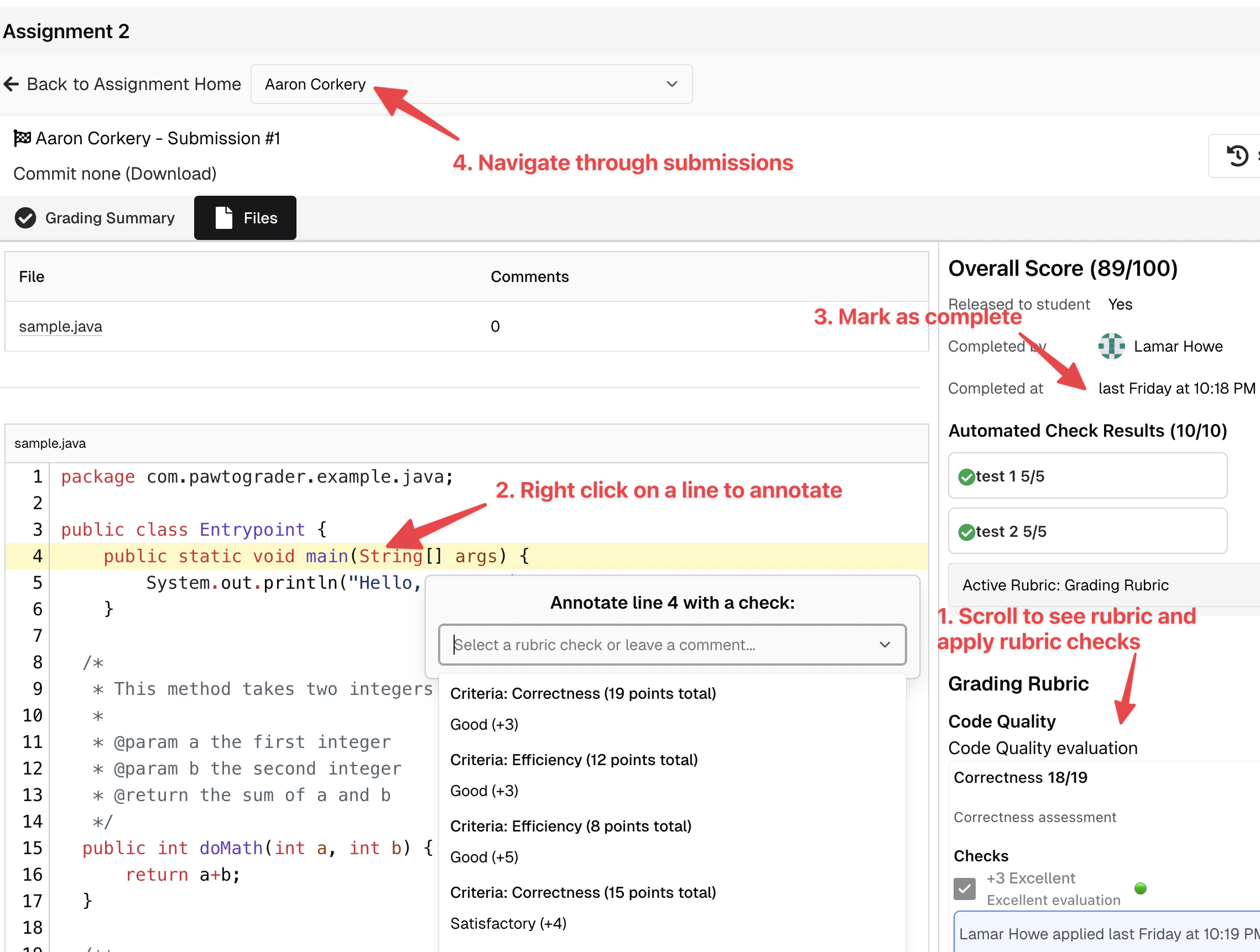 Individual submission grading interface