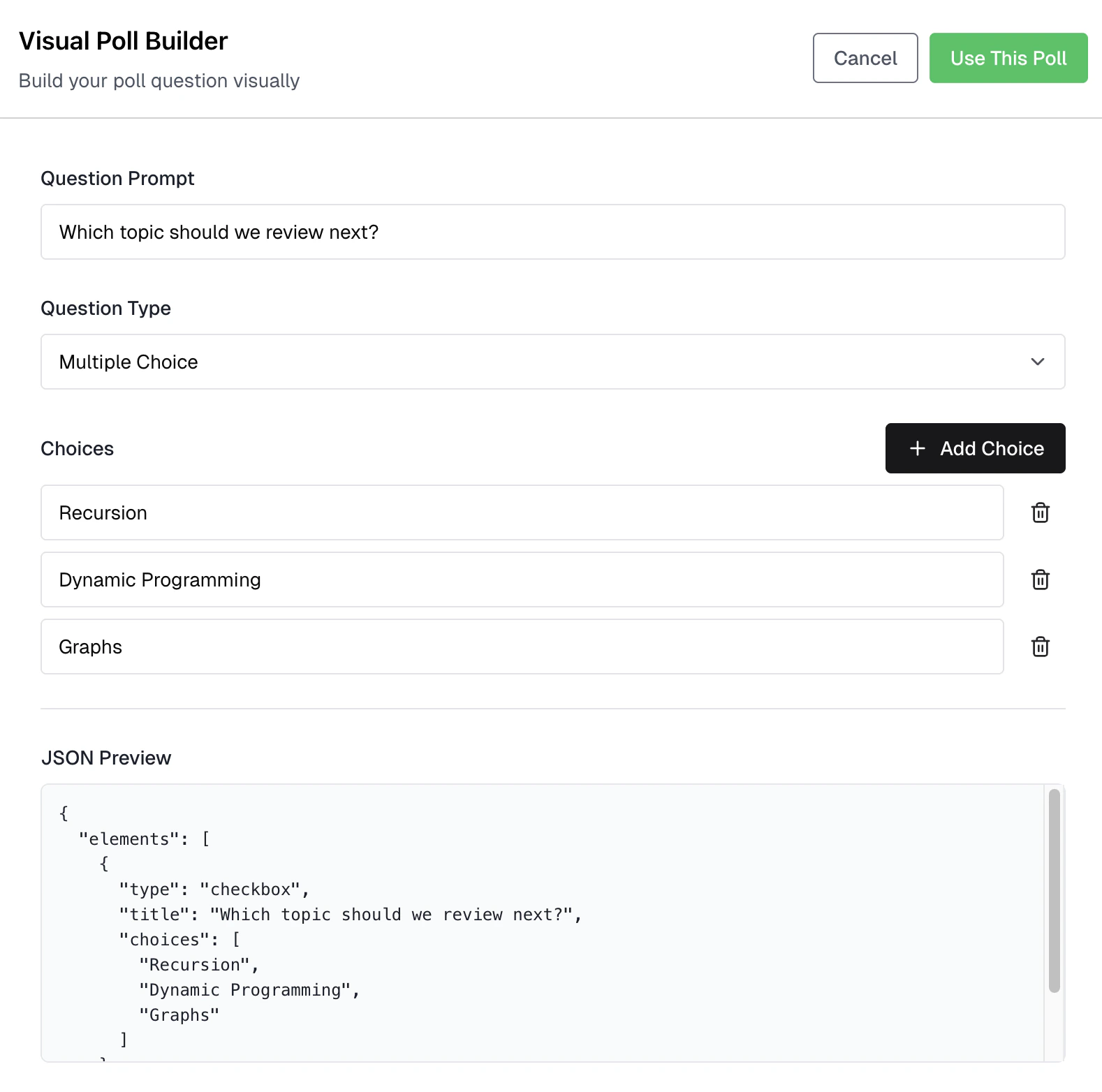 Polls Visual Builder interface