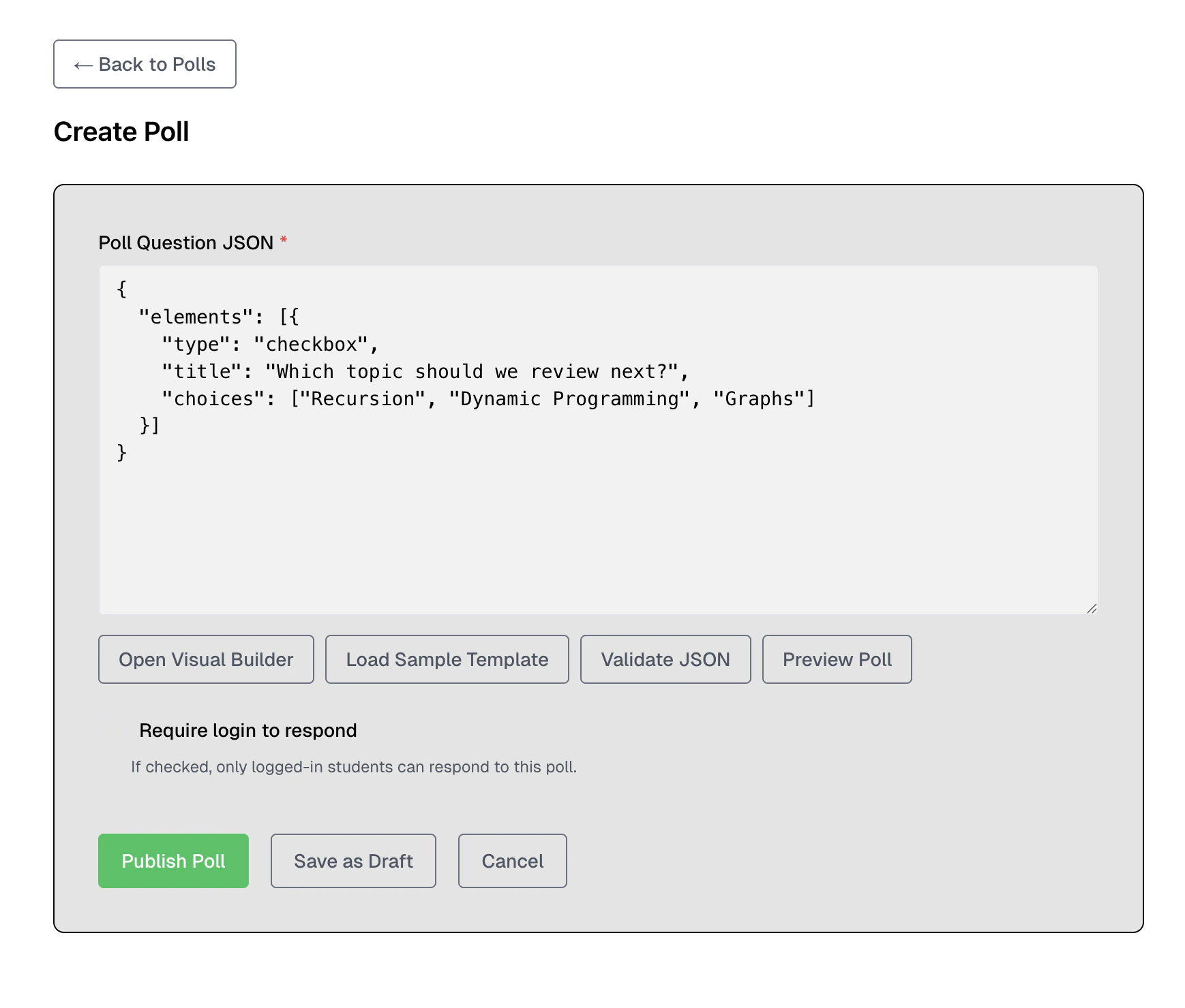 Polls Creation Page with Create Poll button