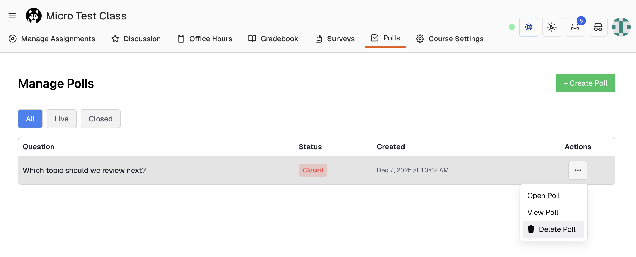 Delete poll confirmation dialog