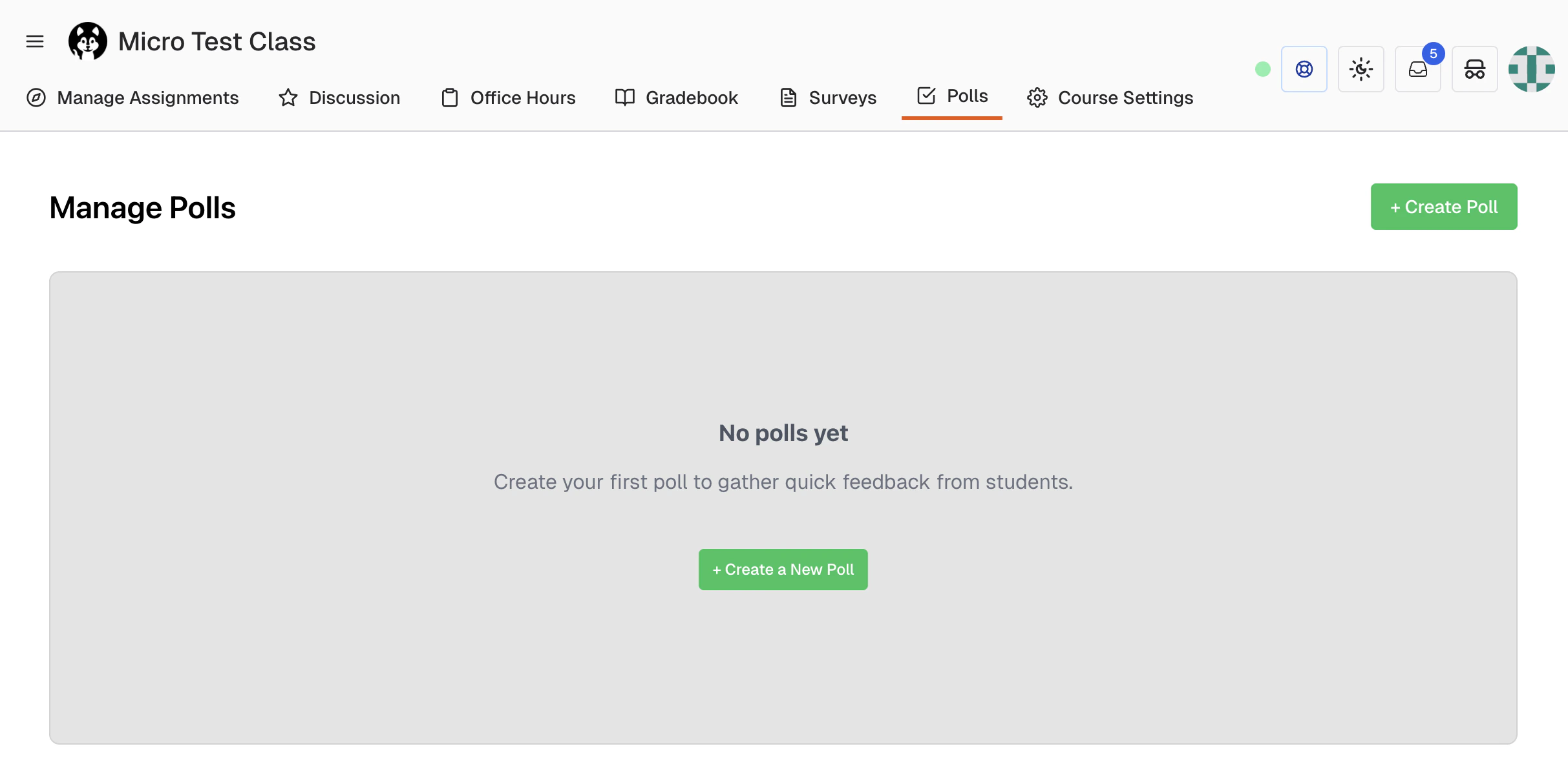 Polls Management Page with filter options