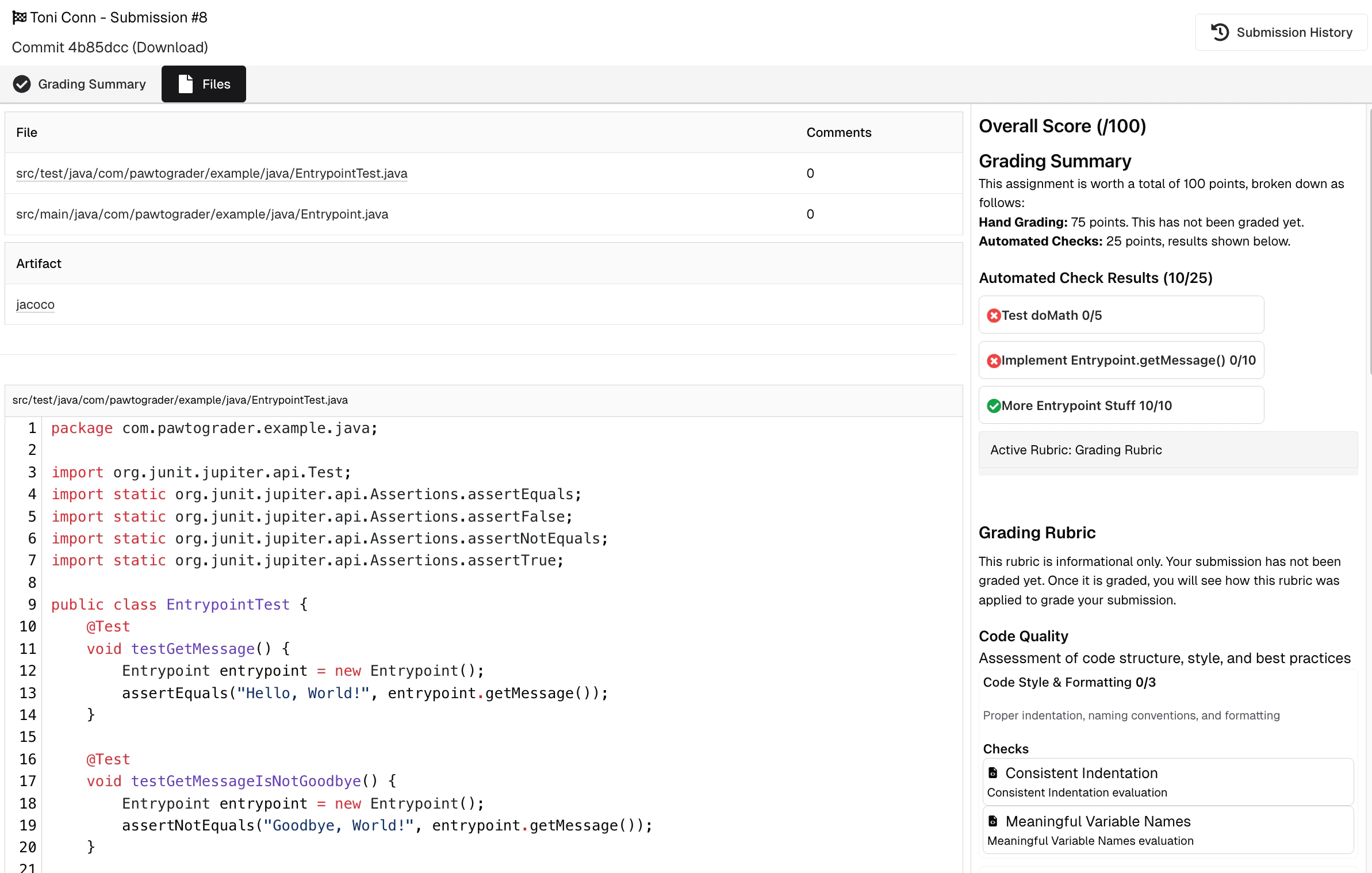 Files tab displaying submitted code files
