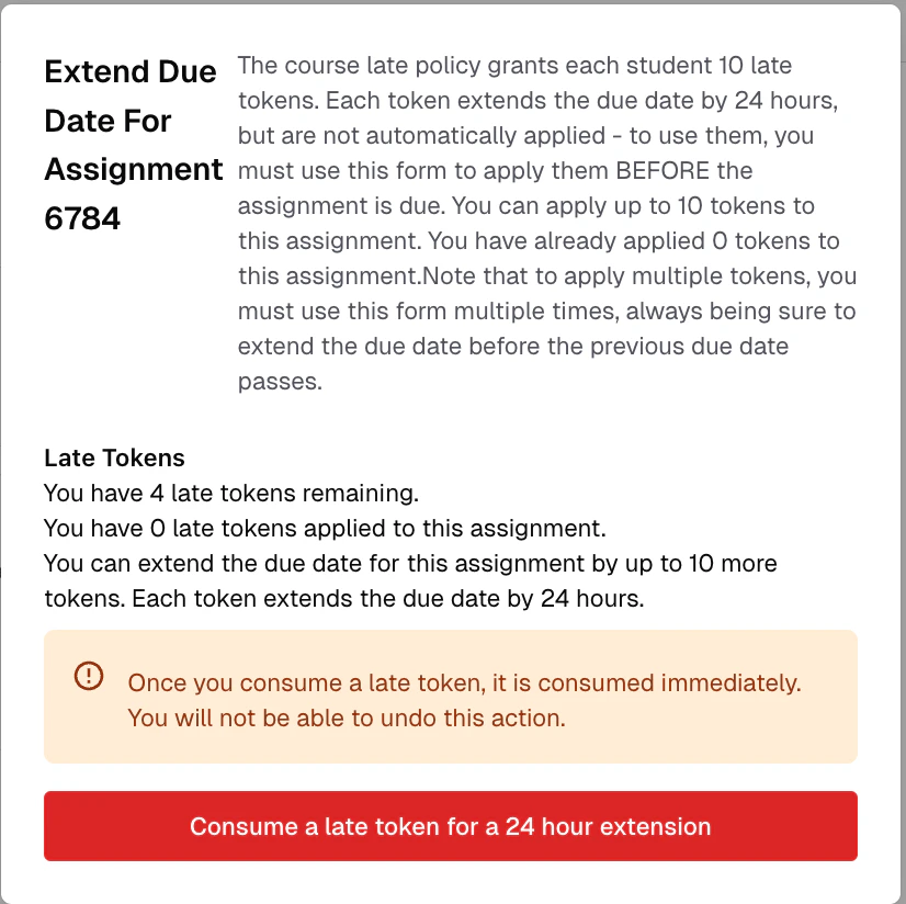 Late token confirmation dialog with course policy