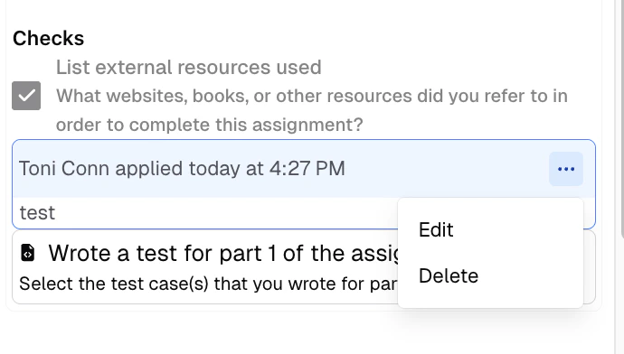 Submission-level check with comment field