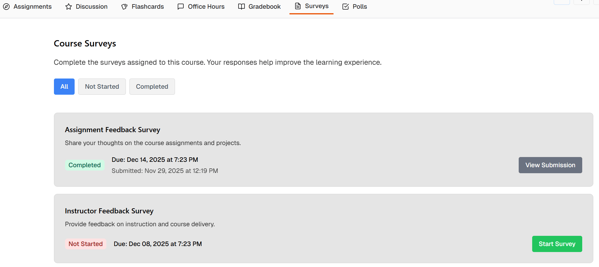 Surveys page showing available surveys with status and due dates
