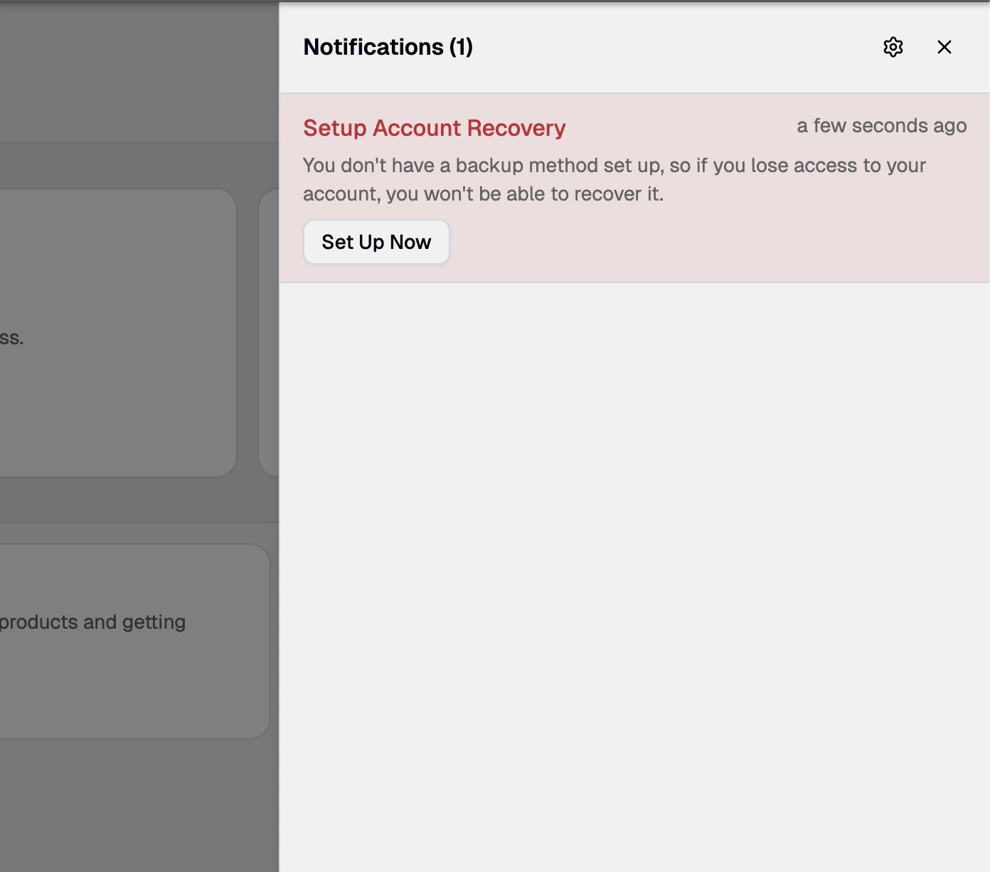 Notifications Drawer with a critical Account Recovery notification